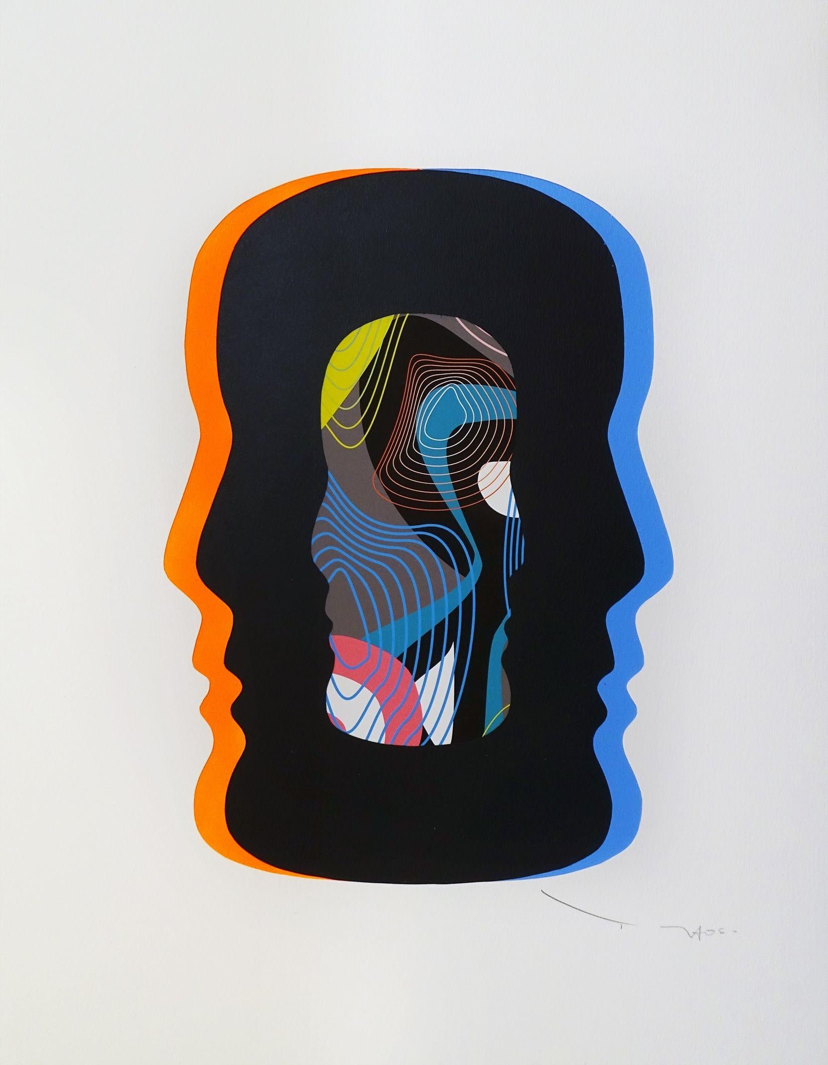 Tehos - Double Thought V-001, techniques mixtes sur papier - Mixed Media Art de Tehos Frederic Camilleri