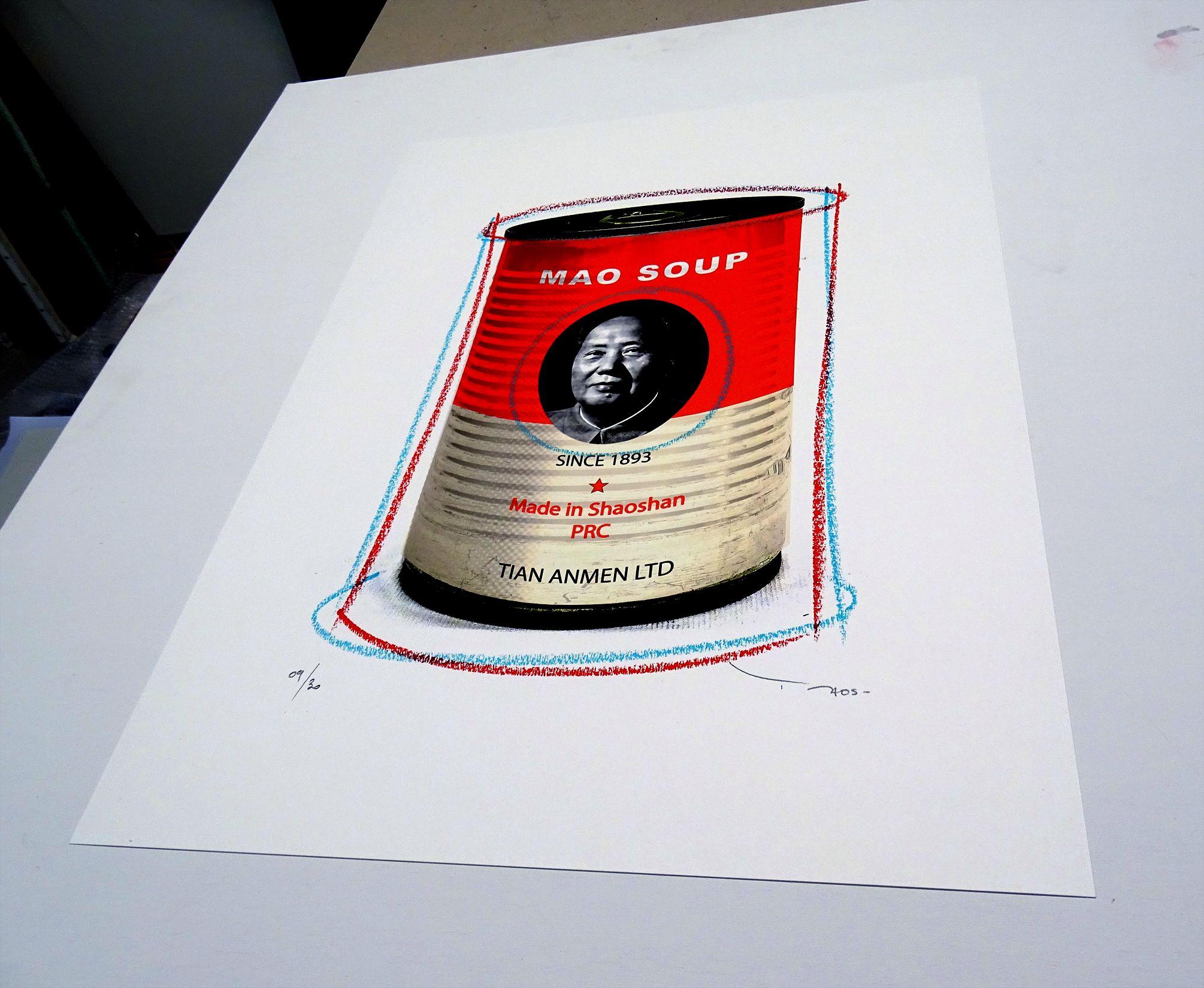 Tehos – Mao-Suppen, Mischtechnik auf Papier (Pop-Art), Mixed Media Art, von Tehos Frederic Camilleri