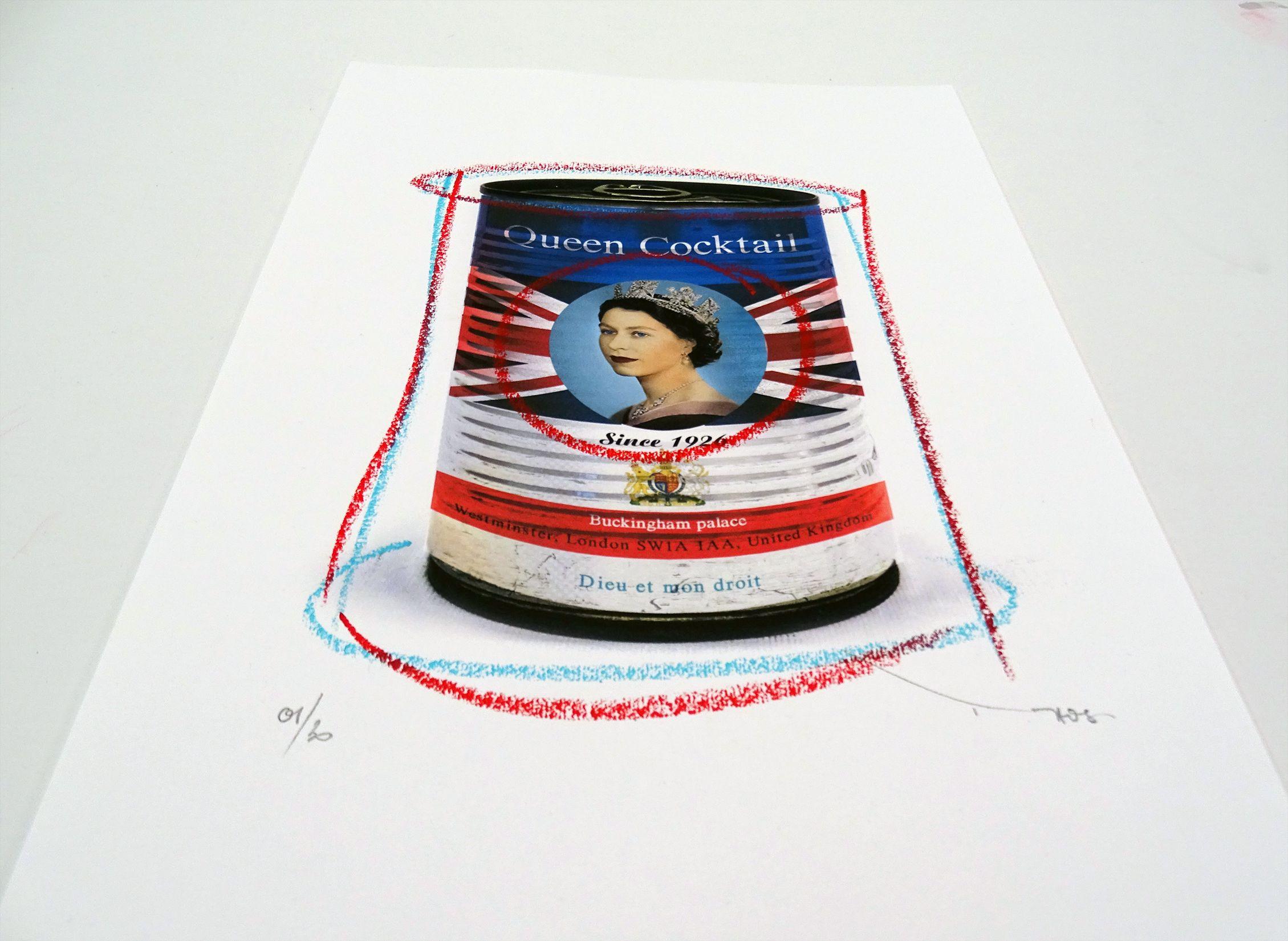 Tehos – Königin-Cocktail, Mischtechnik auf Papier (Pop-Art), Mixed Media Art, von Tehos Frederic Camilleri