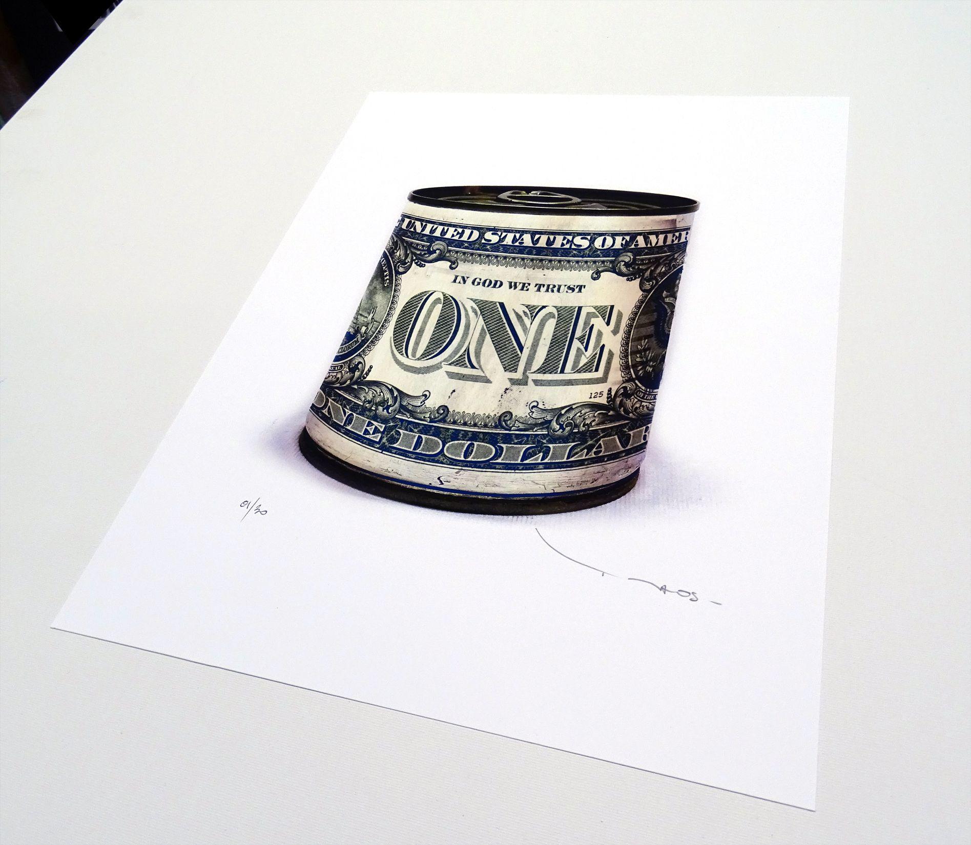 Tehos - one dollar tin can B - Blue, Digital on Paper - Pop Art Print by Tehos Frederic Camilleri