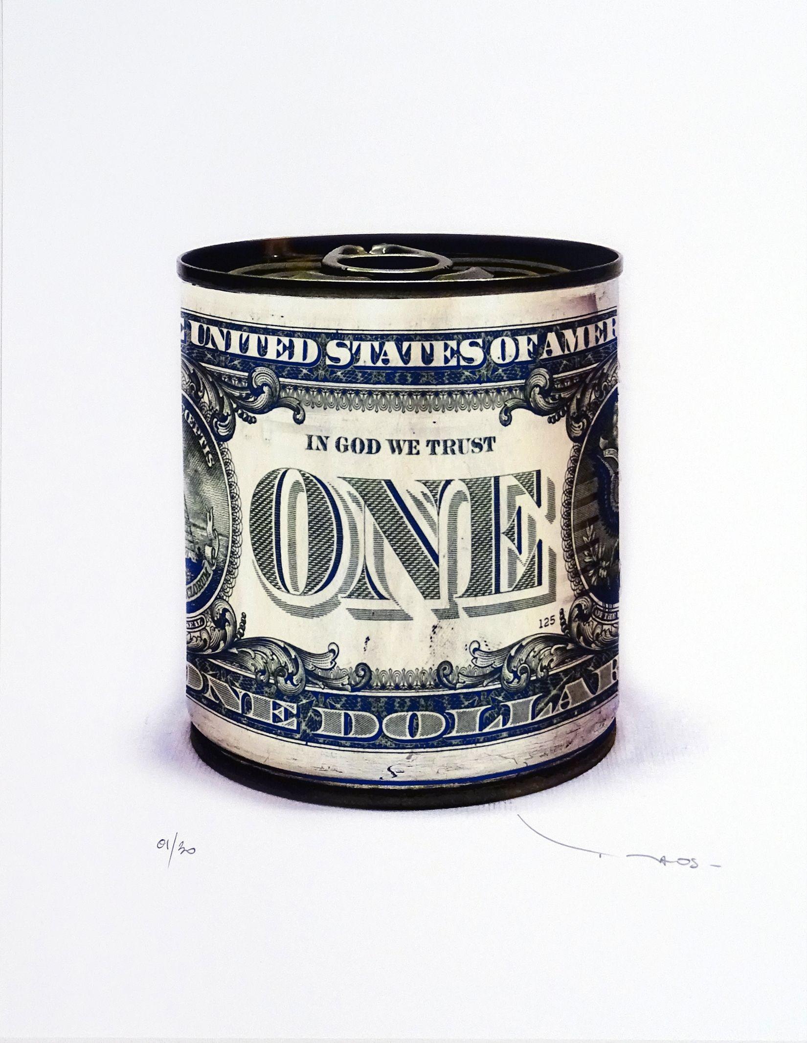 Tehos  eine Dollar Zinndose B  Blau, digital auf Papier – Print von Tehos Frederic Camilleri