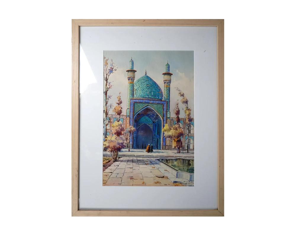 Watercolor on paper painting depicting a view of a mosque in Tehran, Iran. Signed Arthur S., Studio Hayrapetian, Teheran, dated 1962 in the lower right. Hayrapetian Studios located in front of the Naderi Hotel in Tehran were founded by Arthur