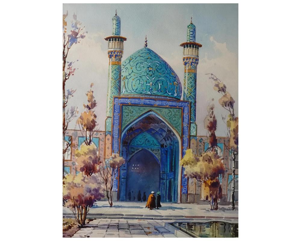 French Tehran Mosque Watercolor Painting by Hayrapetian For Sale