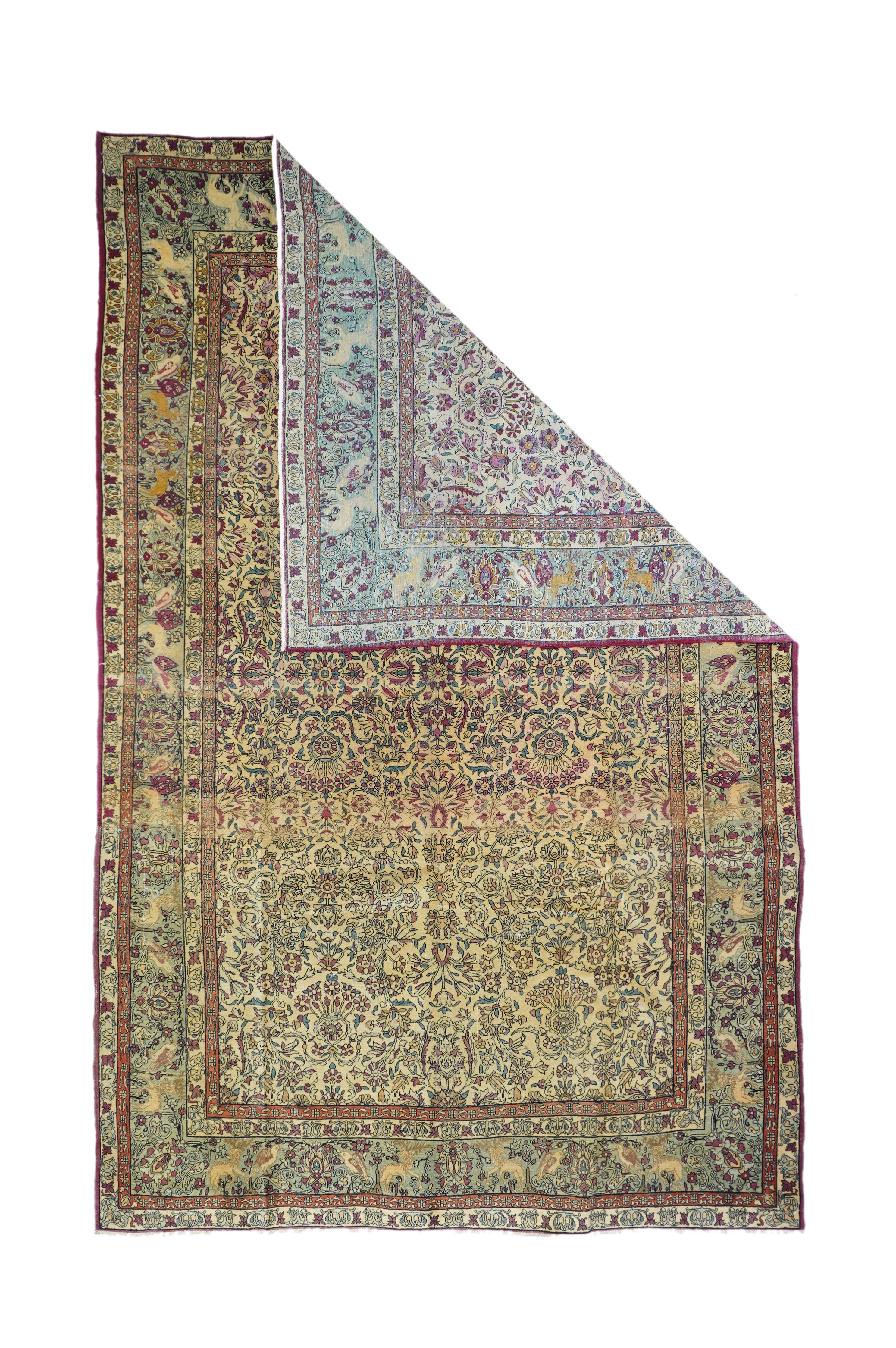 In a popular Persian size, this finely woven, interwar city rug features a sandy-straw field with an allover pattern of cloud bands, palmettes, sprays of triple rosettes, palmette quatrefoils, daisies and tulips. Abrashed light green border with