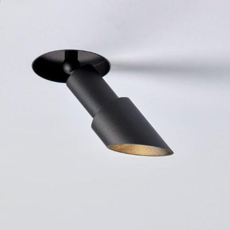 Luminaire encastré directionnel sans garniture, pour faux-plafonds et plafonds en béton. Tube visible et encastré, au ras du plafond,
complet avec spot lumineux, axial réglable de 0° à 60° - directionnel de 0° à 350°.
Dimensions : découpe 83mm (81mm