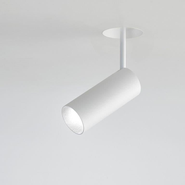 Luminaire encastré sans garniture (aussi bien pour l'installation dans une plaque de plâtre que dans un plafond dur). Profondeur d'assise visible
tube, à fleur de plafond, complet avec spot lumineux, axial réglable de 0° à 90° - directionnel de 0°
