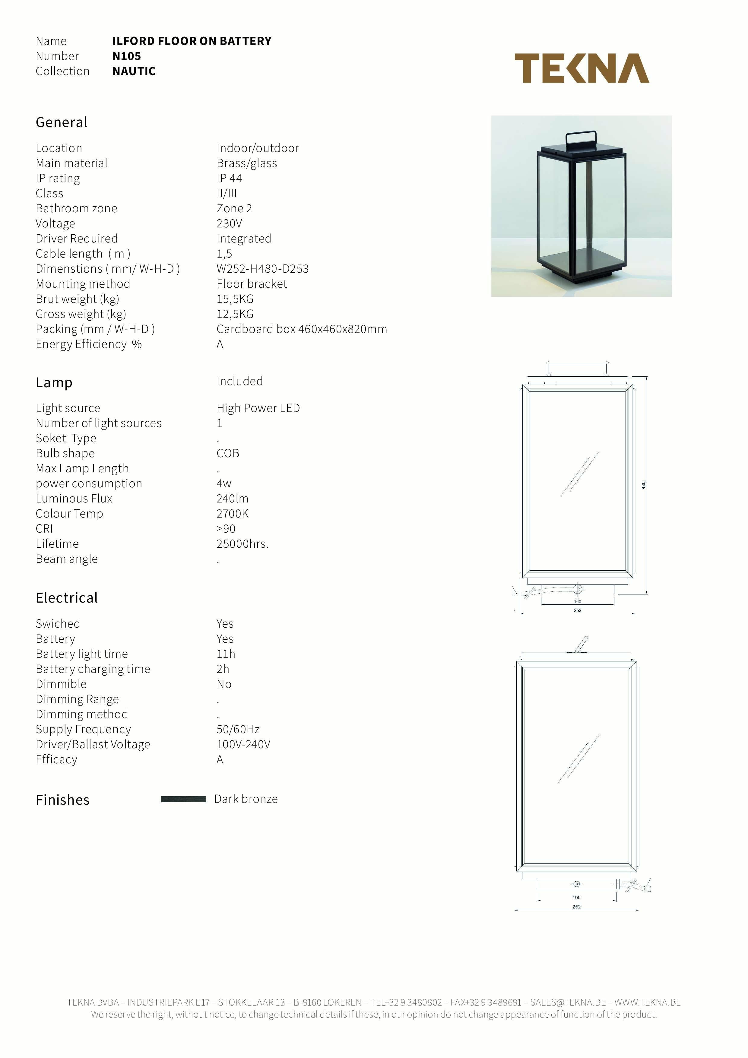 Lampadaire Tekna Ilford à alimentation électrique avec finition en bronze et verre transparent en vente 2