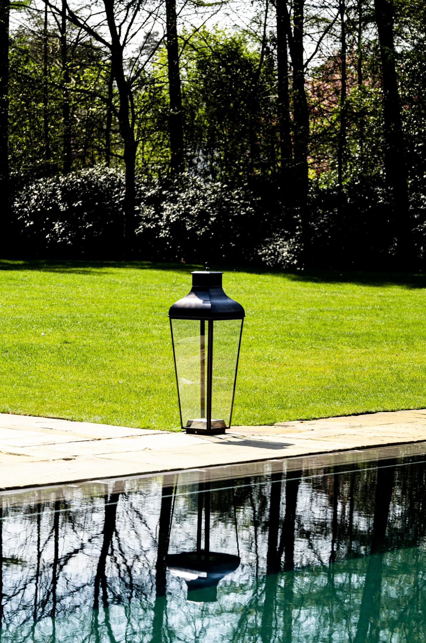 Brass Tekna Montrose Floor Lantern with Dark Bronze Finish and Clear Glass For Sale