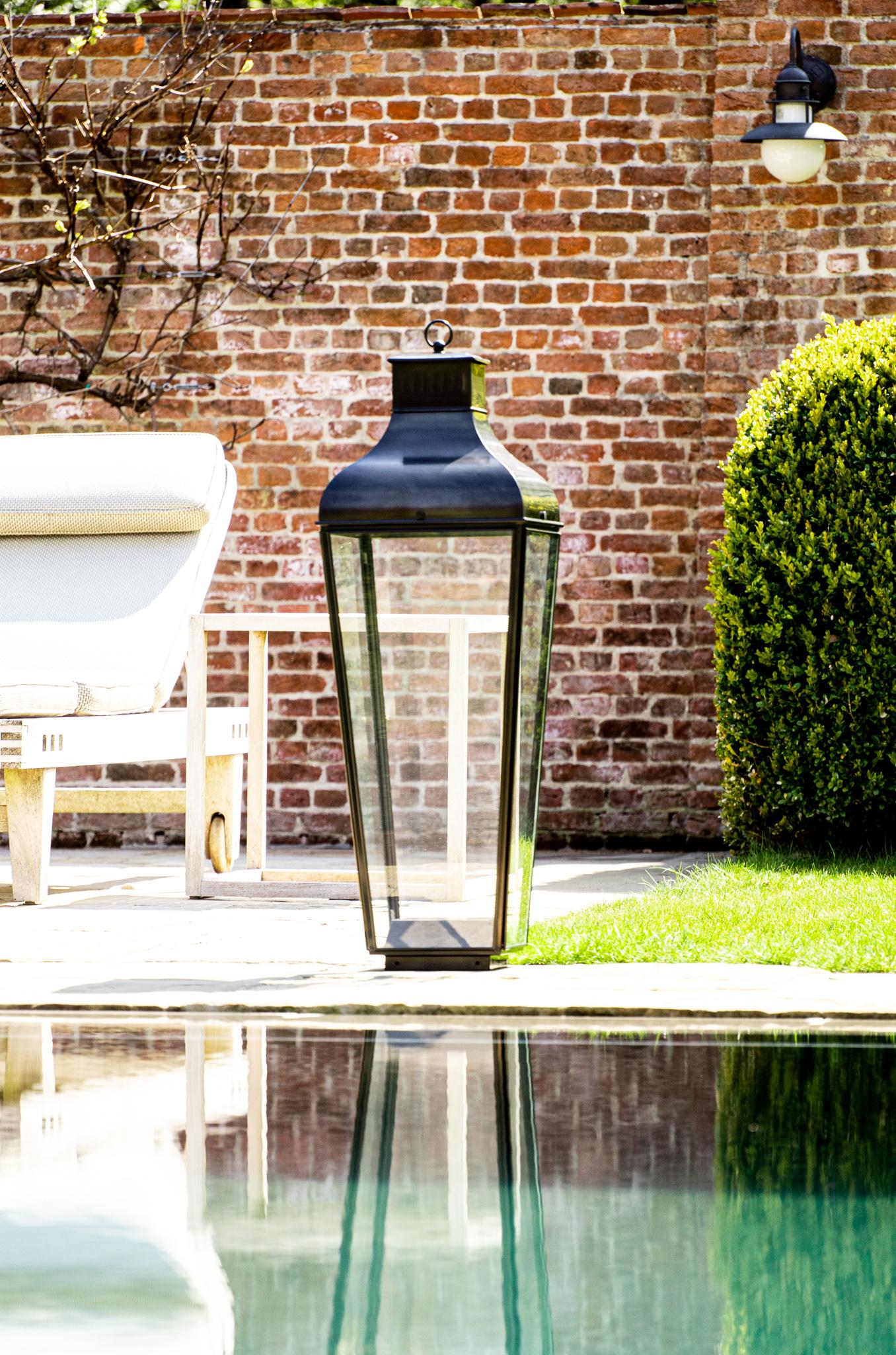 Belgian Tekna Montrose Floor Lantern with Dark Bronze Finish and Clear Glass For Sale