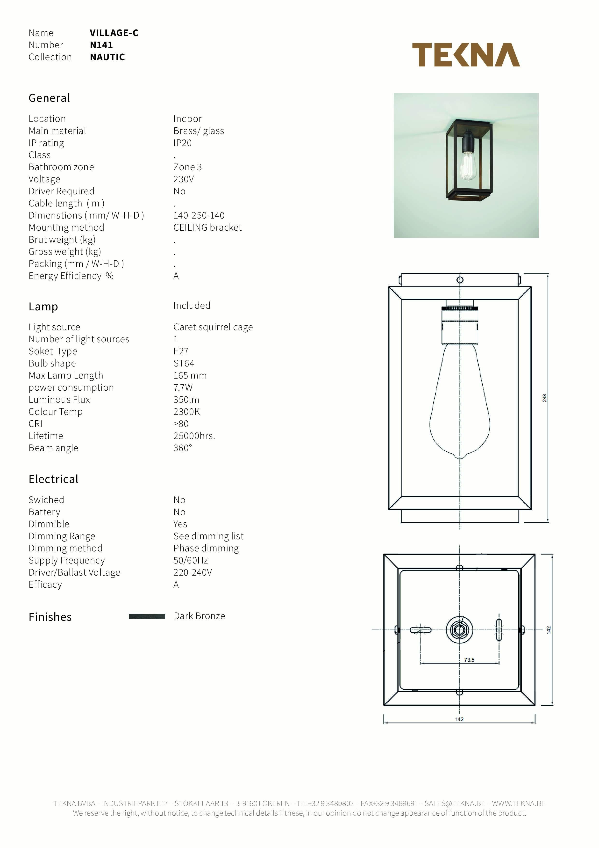 Plafoniera con vetro trasparente montato all'interno, sostenuta da sezioni angolari in bronzo. Solo per uso interno (IP20).

Lampada a gabbia di scoiattolo Caret 230V E27 7,7W 2300K. Potenza principale 230V 50Hz.