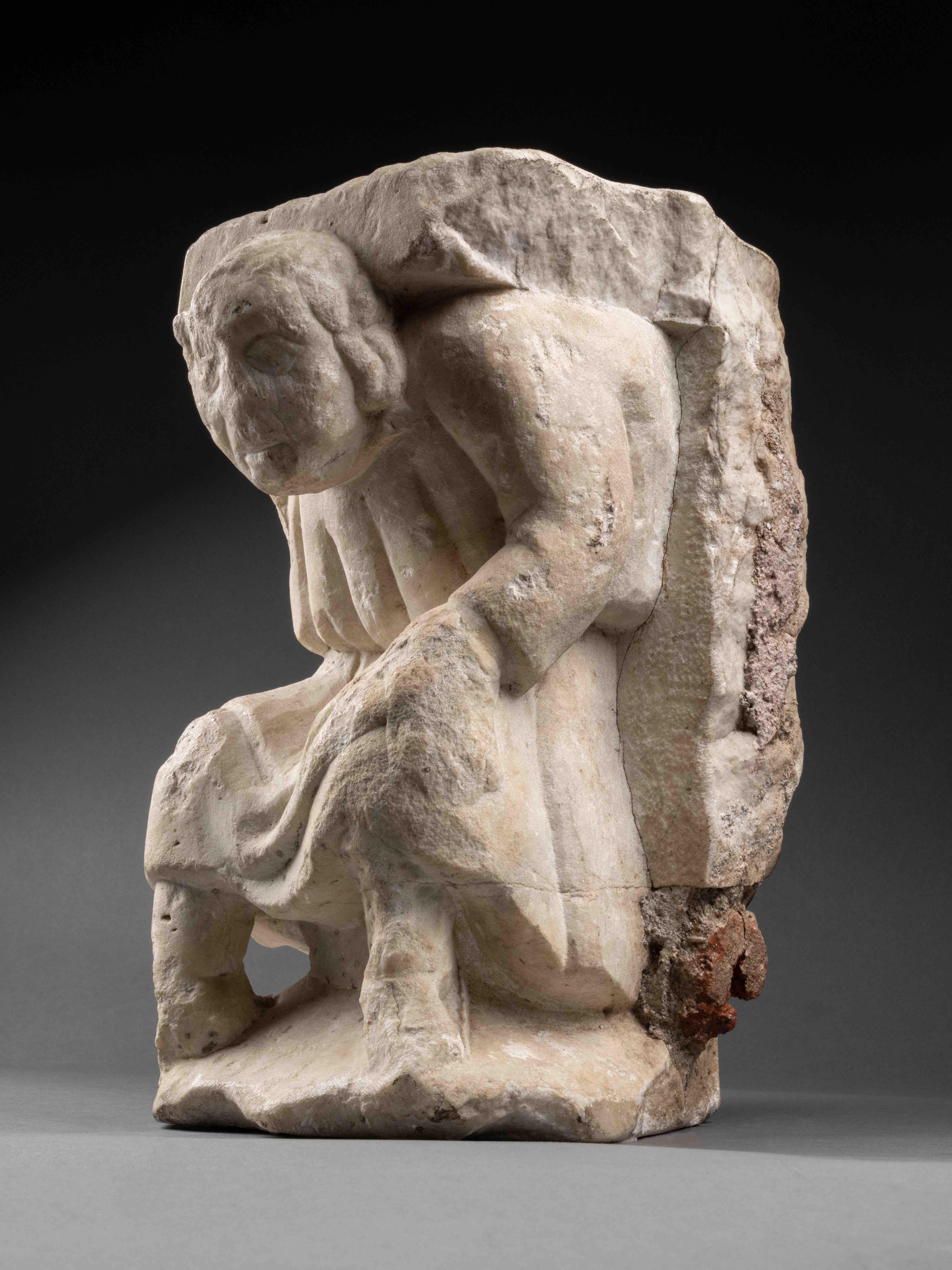 Medieval Romanesque Telamon - Northern Italy, late 12th (Reemployed Roman marble) For Sale