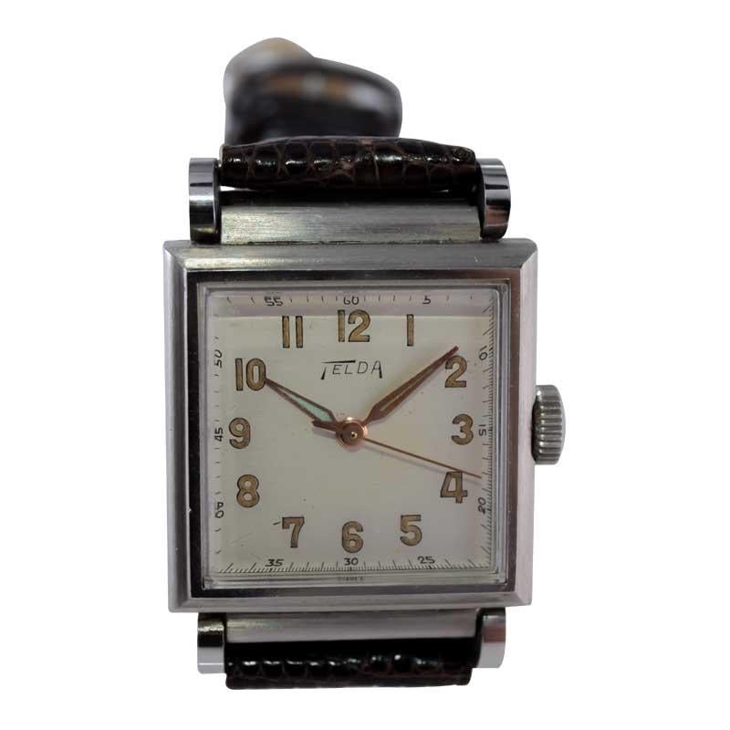 Telda Steel Art Deco Tank Style Watch New, Old Stock with Original Dial 1950's For Sale 3