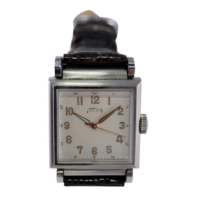 Telda Steel Art Deco Tank Style Watch New, Old Stock with Original Dial 1950's For Sale 4