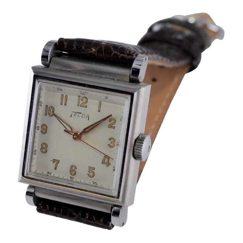 Telda Steel Art Deco Tank Style Watch New, Old Stock with Original Dial 1950's For Sale 5
