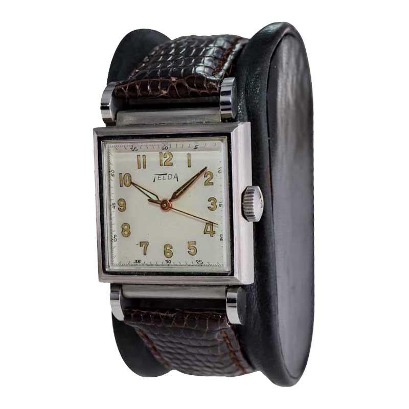 Women's or Men's Telda Steel Art Deco Tank Style Watch New, Old Stock with Original Dial 1950's For Sale