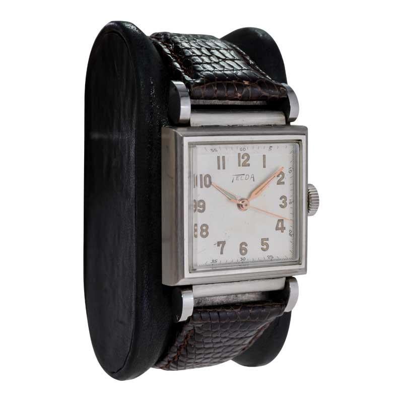 Telda Steel Art Deco Tank Style Watch New, Old Stock with Original Dial 1950's For Sale 1