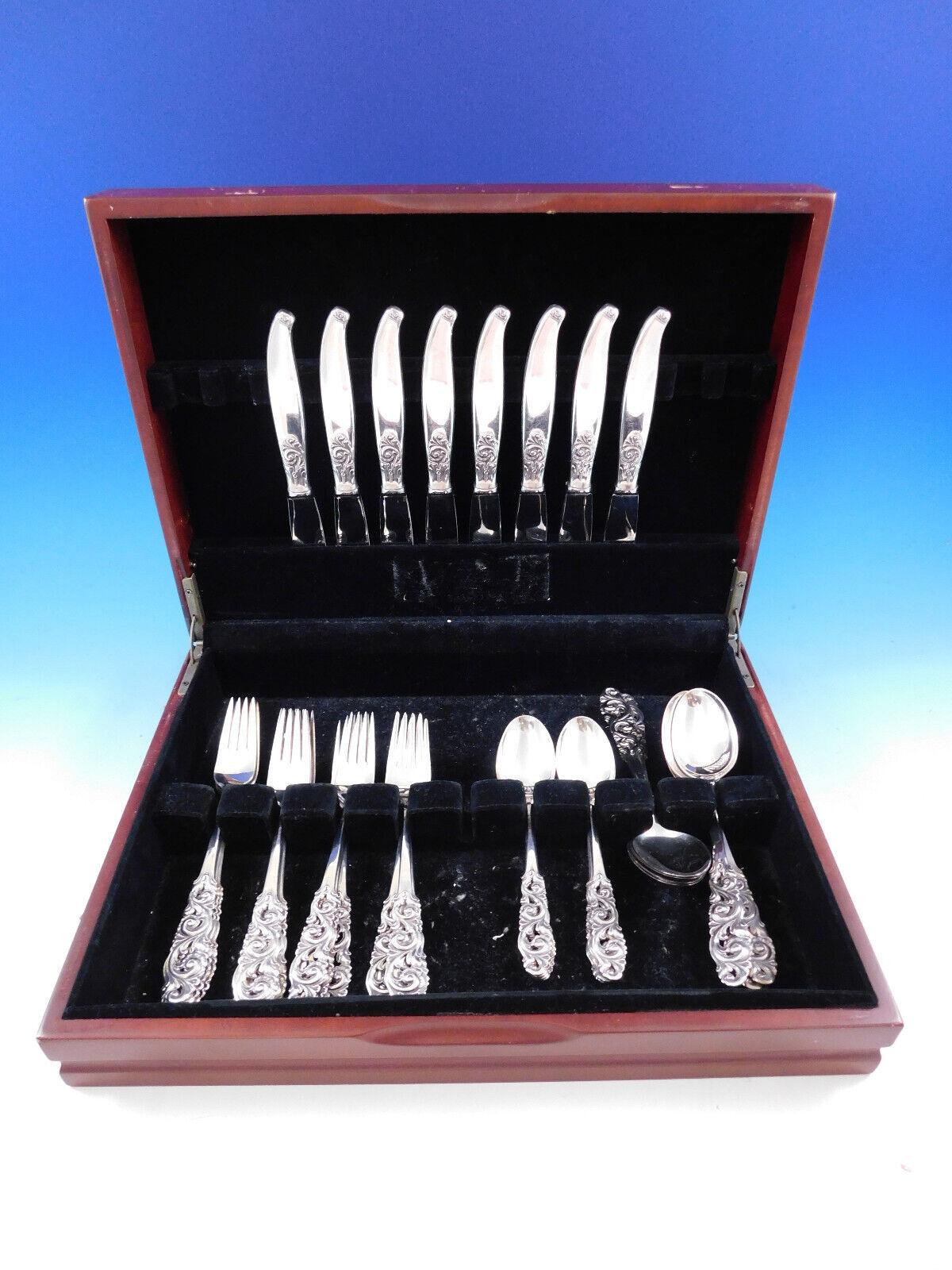 Tele by Mylius Brodrene 830 silver Norwegian Flatware set, 40 pieces. This rare set features pierced handles and includes:

8 Luncheon Knives, 8 1/4