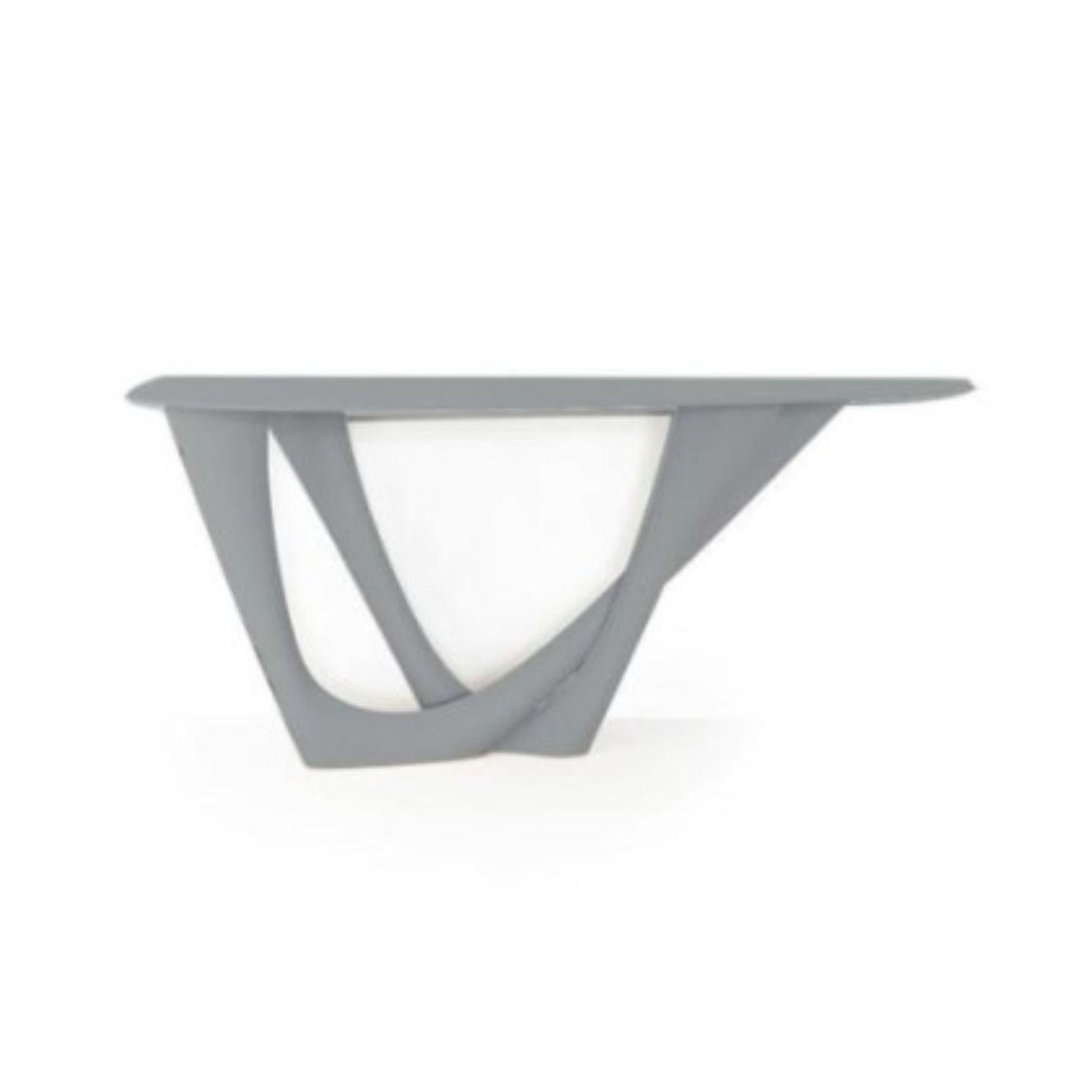 Tele grey G-Console duo steel base and top by Zieta
Dimensions: D 56 x W 168 x H 75 cm 
Material: Steel.
Also available in different colors and dimensions.

G-Console is another bionic object in our collection. Created for smaller spaces, it gives