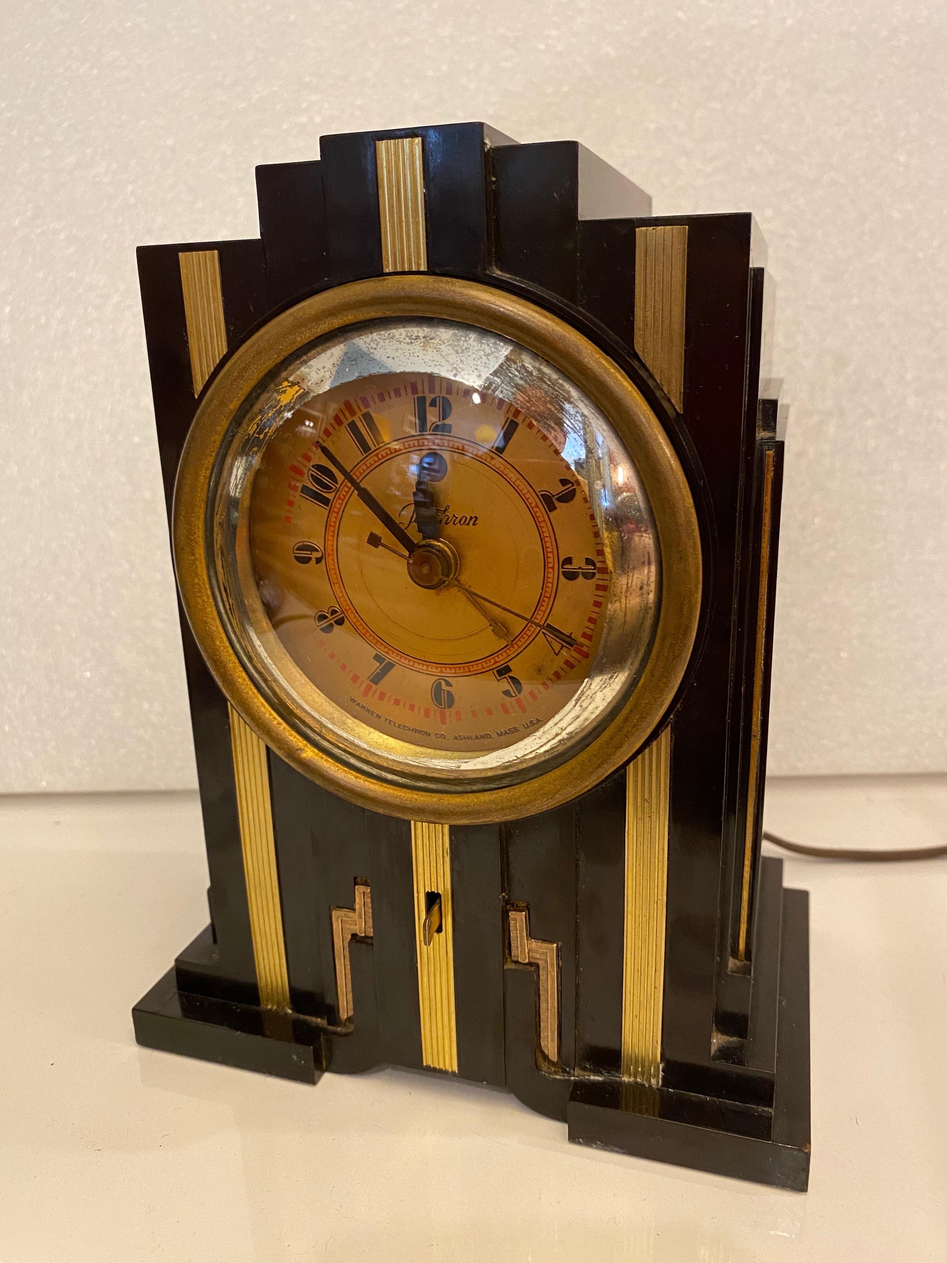 Telechron Electric Skyscraper Bakelite Table Clock.  Working alarm with many of the styling of Paul Frankl's Famous metal Table Clock.  This clock was often said to be designed by Frankl but doubtful.   Bakelite in great shape with no chips or