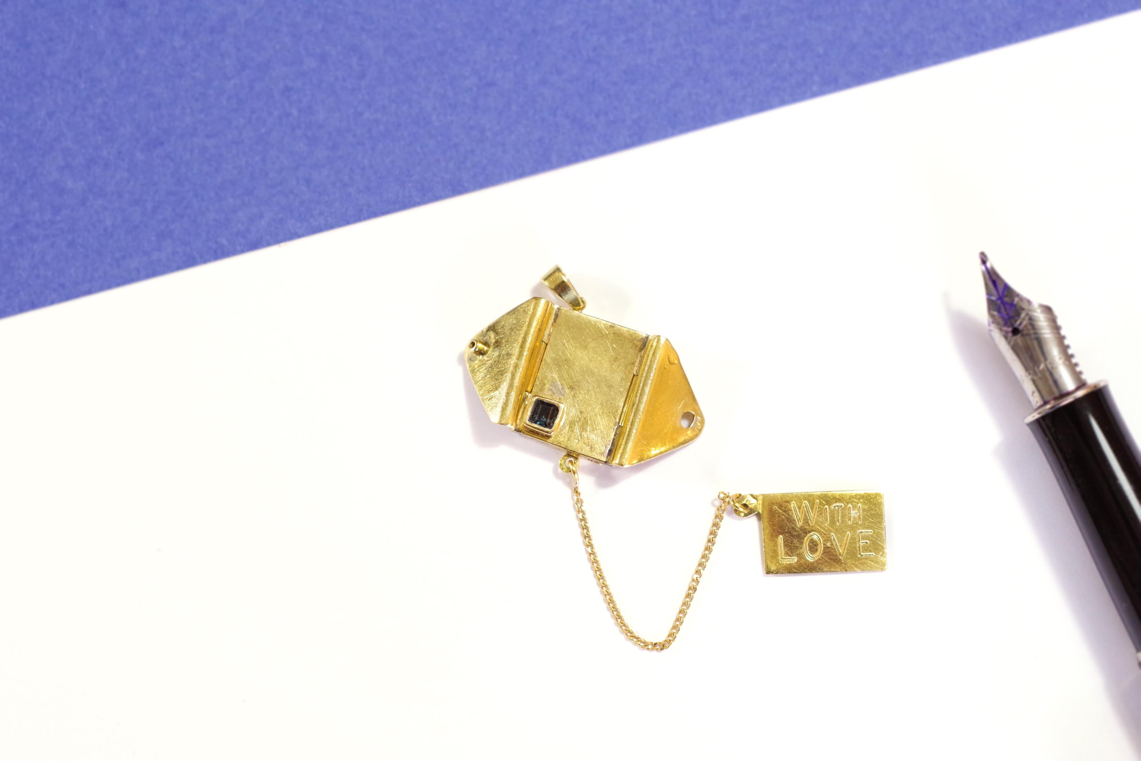 Edwardian Telegram love letter pendant, Retro secret charm with love 18k gold, 
