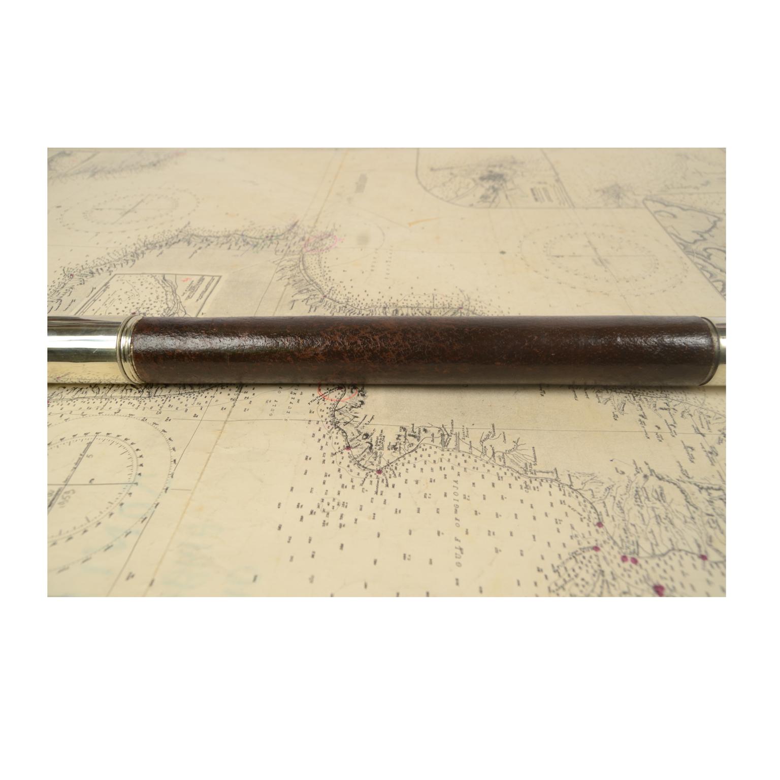19th century Antique Telescope of Chromed Brass with Leather-Covered Handle, 6