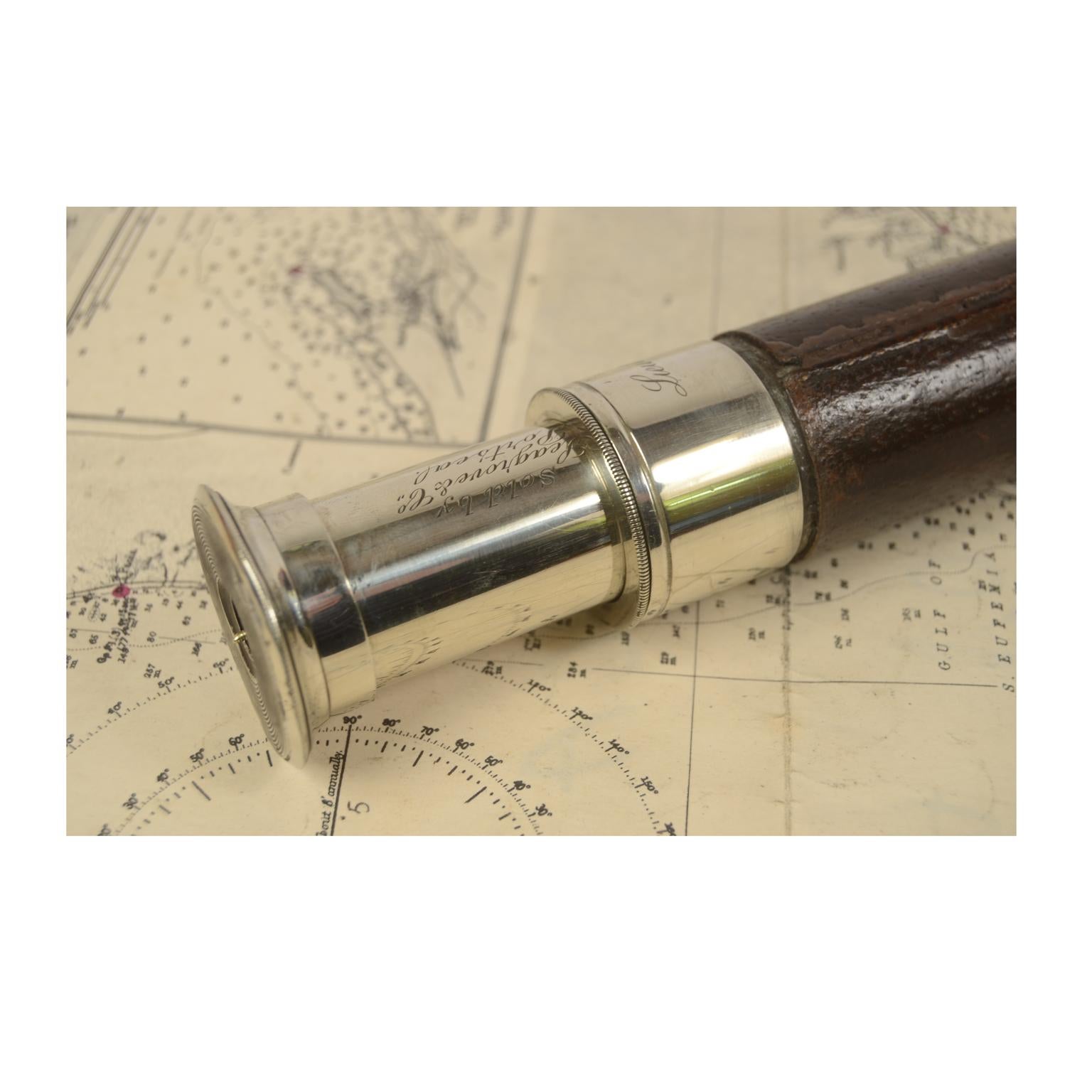 19th century Antique Telescope of Chromed Brass with Leather-Covered Handle, 10