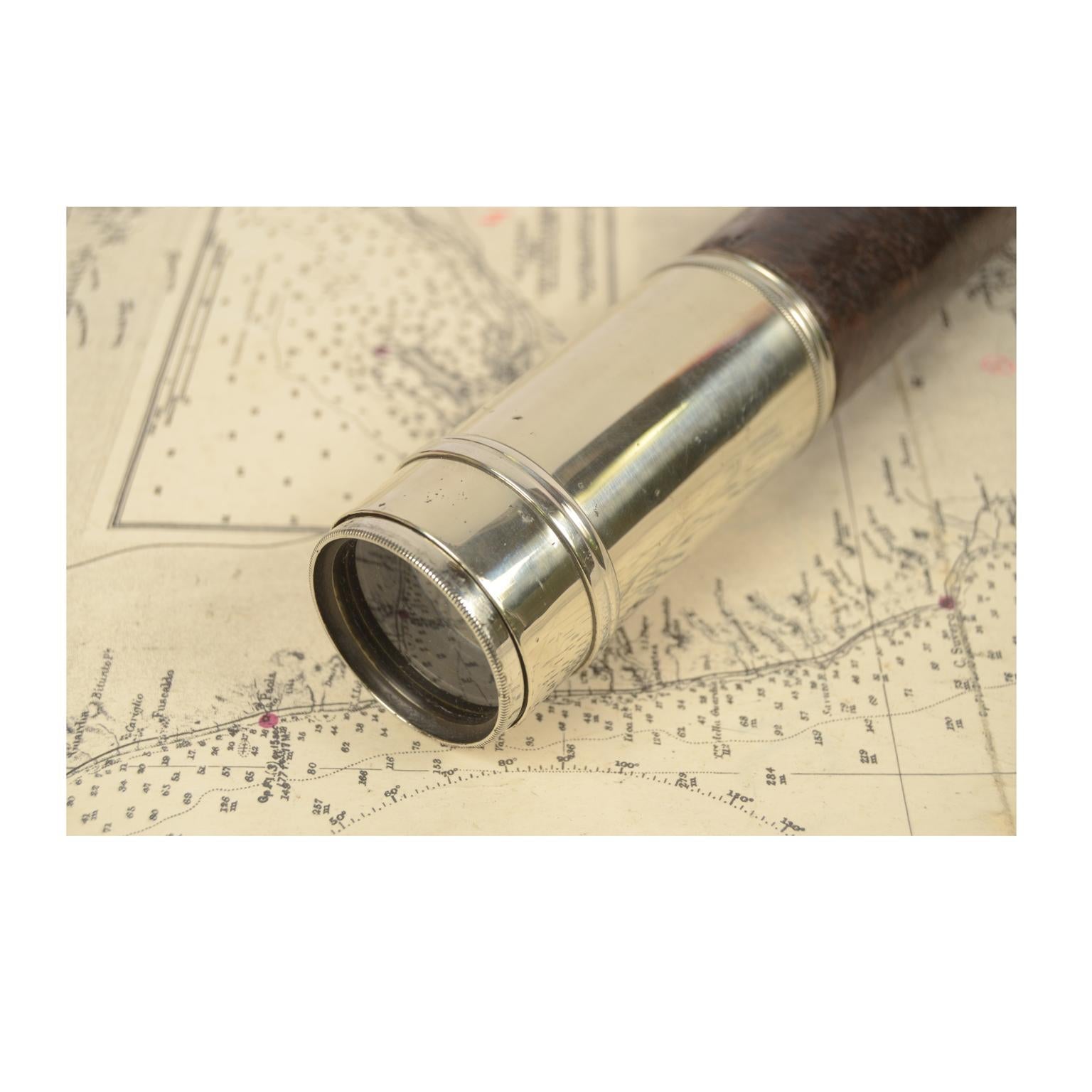 19th century Antique Telescope of Chromed Brass with Leather-Covered Handle, 11