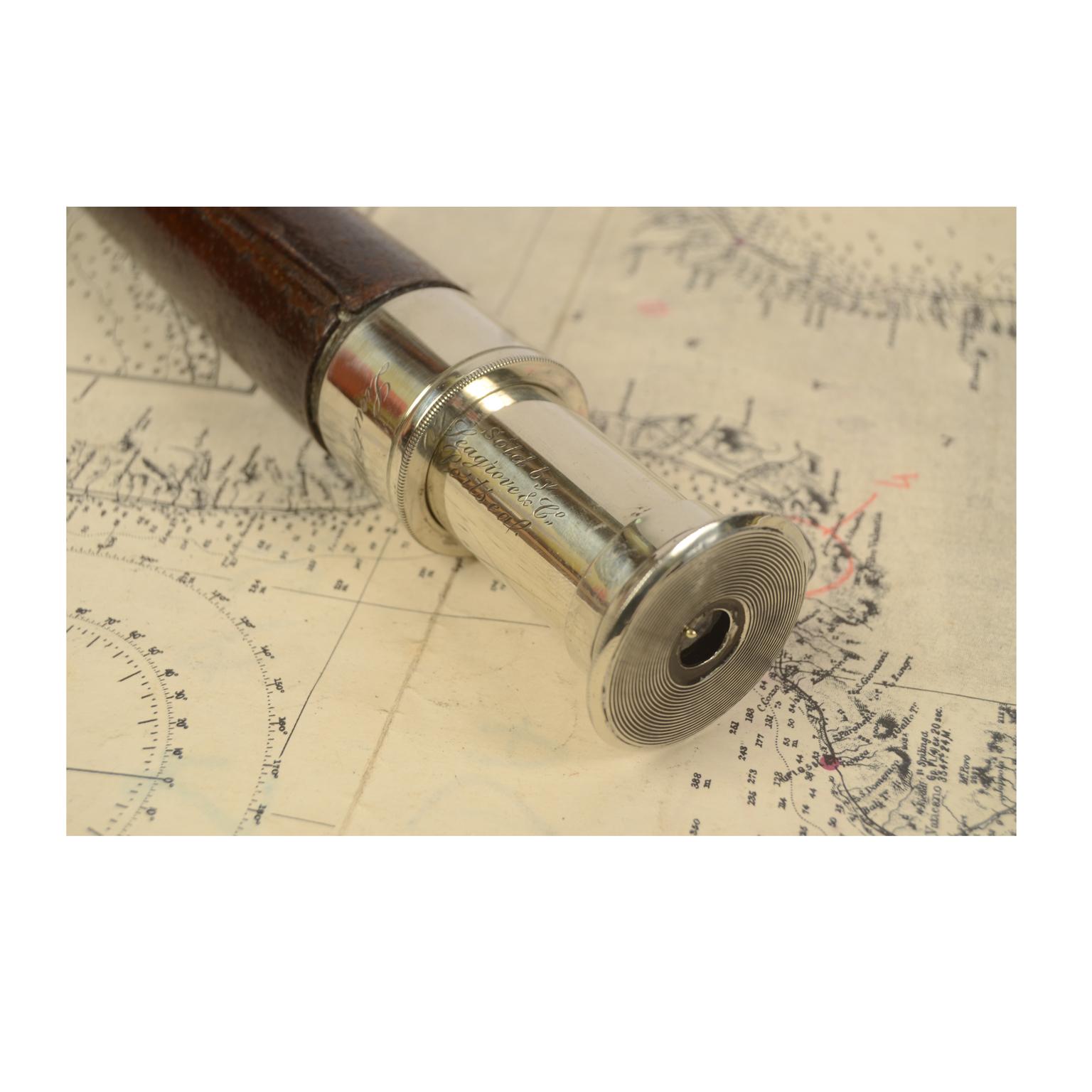 19th century Antique Telescope of Chromed Brass with Leather-Covered Handle, 12