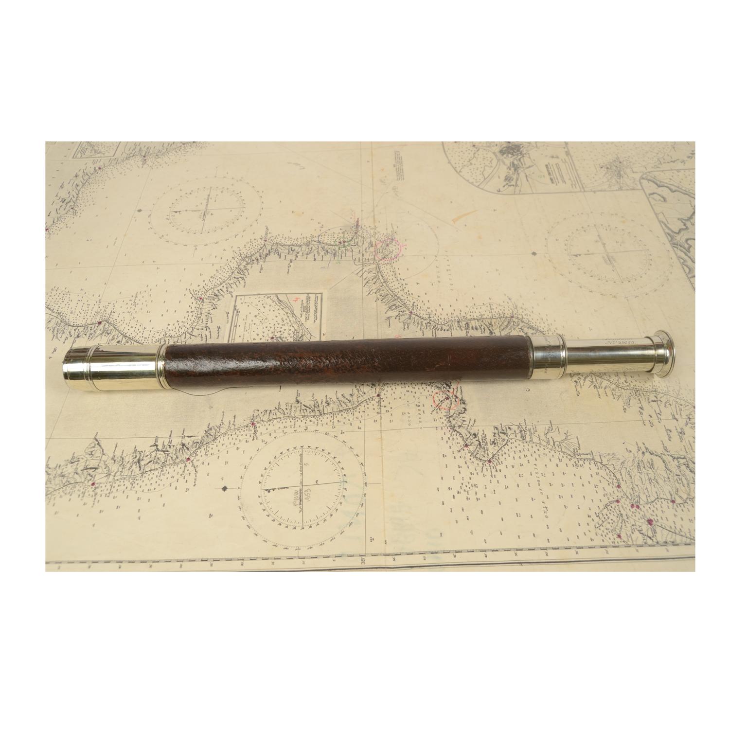 British 19th century Antique Telescope of Chromed Brass with Leather-Covered Handle,