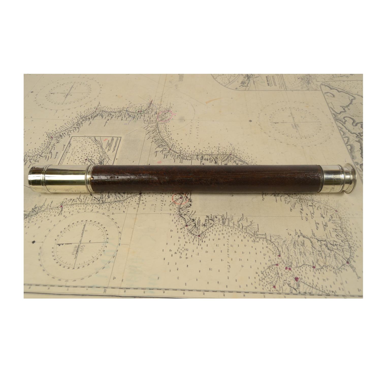 19th century Antique Telescope of Chromed Brass with Leather-Covered Handle, 3