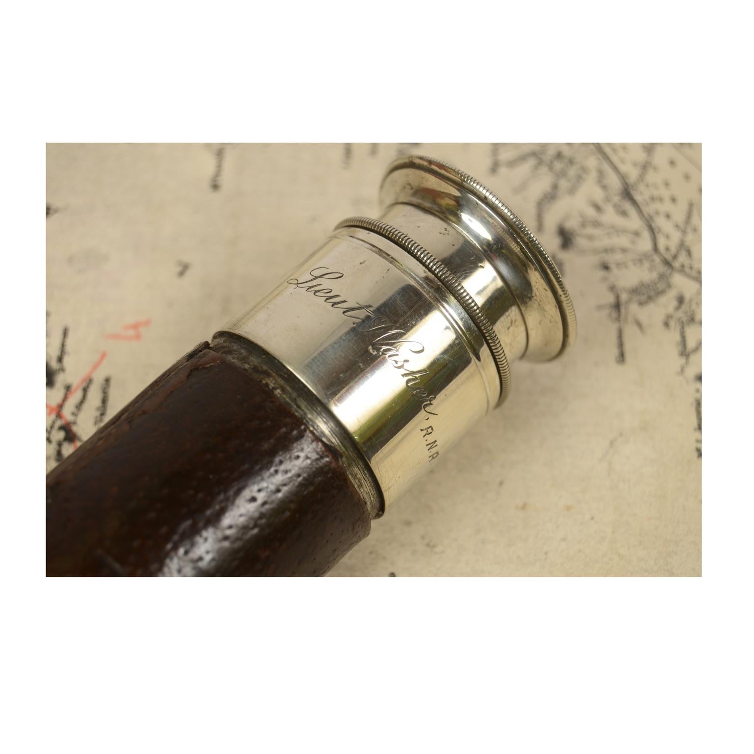 19th century Antique Telescope of Chromed Brass with Leather-Covered Handle, 4