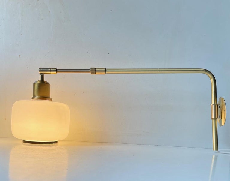 Telescopic Scandinavian Wall Lamp in Brass and Opaline Glass, 1980s For Sale 3
