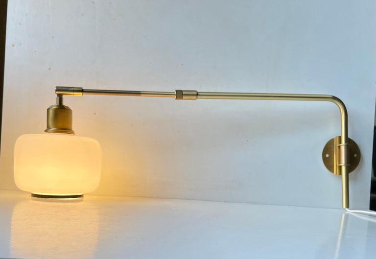 Telescopic Scandinavian Wall Lamp in Brass and Opaline Glass, 1980s For Sale 2