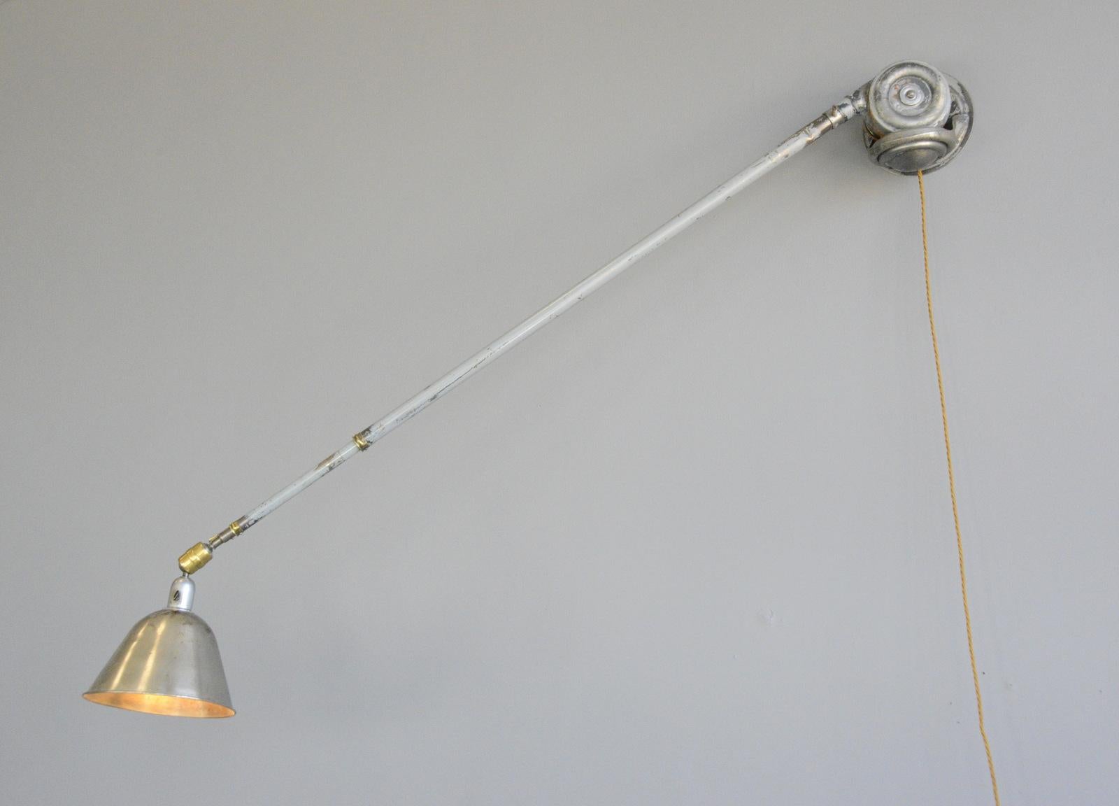 Telescopic task lamp by Johan Petter Johansson for Triplex, 1920s

- Aluminium shade
- Telescopic arms
- The shade detaches from the arm to create a pendant
- Brushed steel
- Original On/Off toggle switch on the shade
- Made by Asea under the
