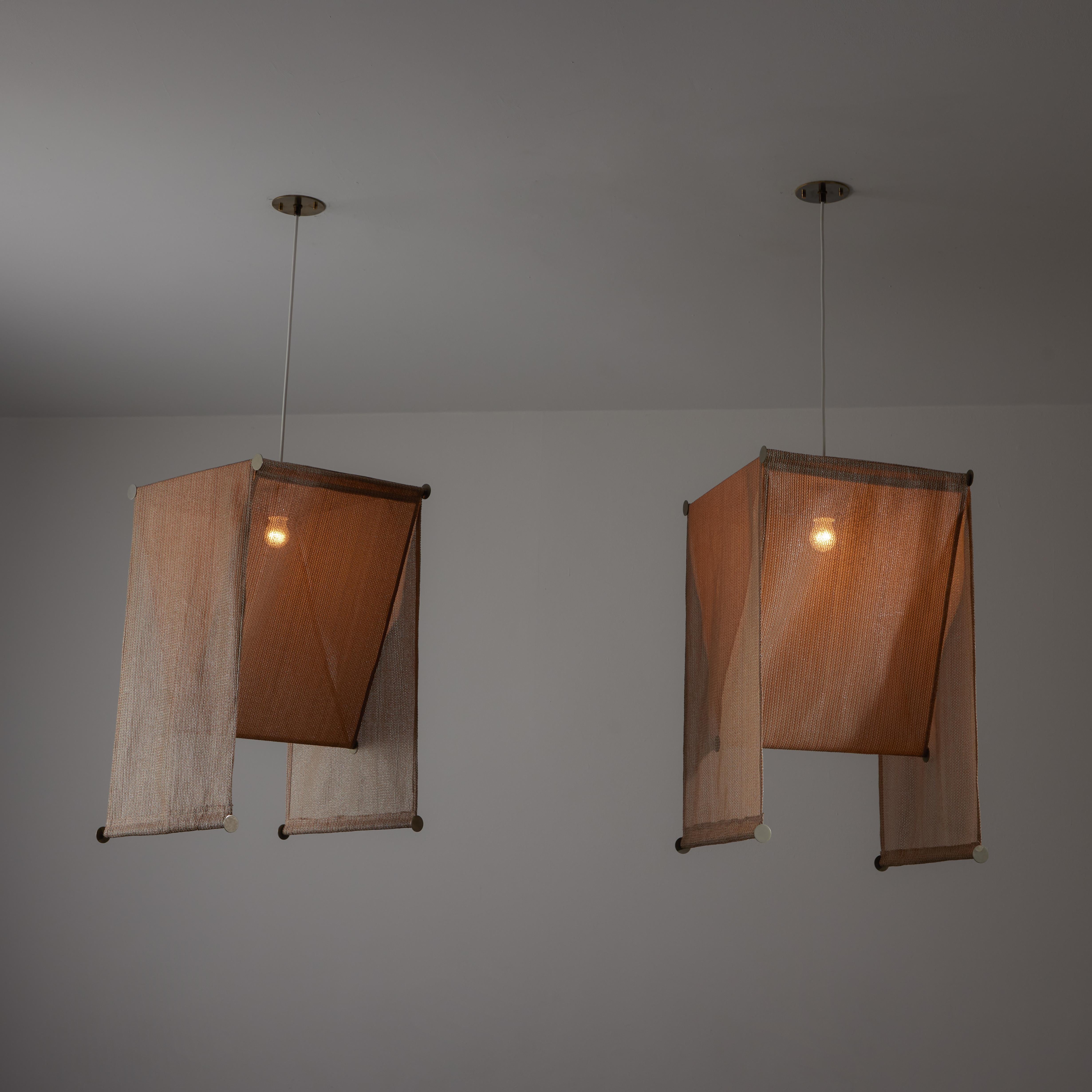 Single 'Teli' Pendant by Achille and Pier Giacomo Castiglioni for Flos. Designed and manufactured in Italy, circa the 1970s. A contemporary take on geometrical formations take the lead on this design. Three weighted Raylon fabric panels run through