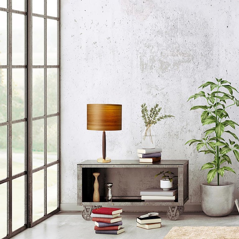 TELLIER Brushed Brass Table Lamp with Cypress Wood Shade For Sale at