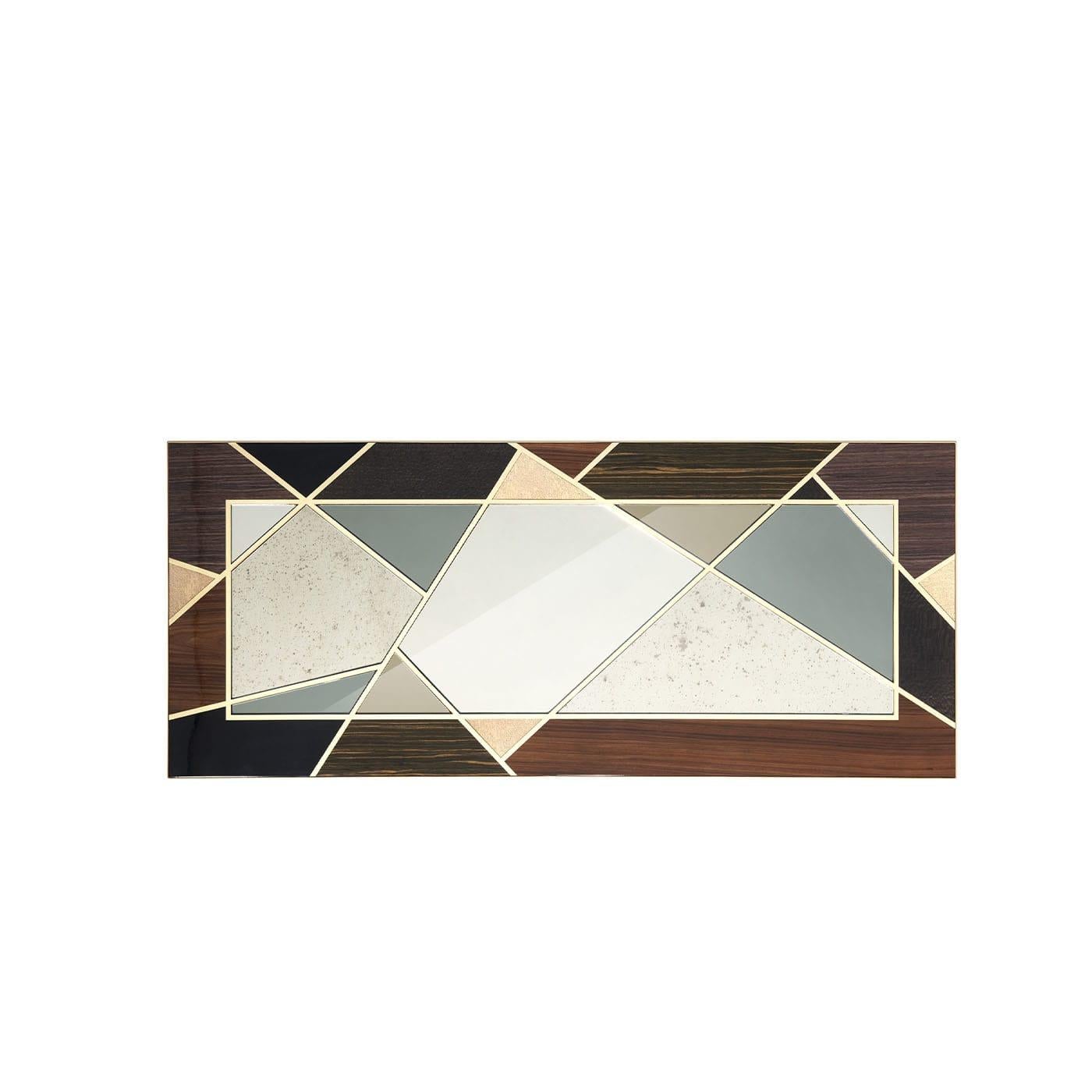 Four different mirror types - classic, antiqued, burnished, and smoky - get combined as if in a striking collage in this artful mirror. Outlined by gold-finished wooden lines, the dynamic and irregular geometry also extends to the frame, where