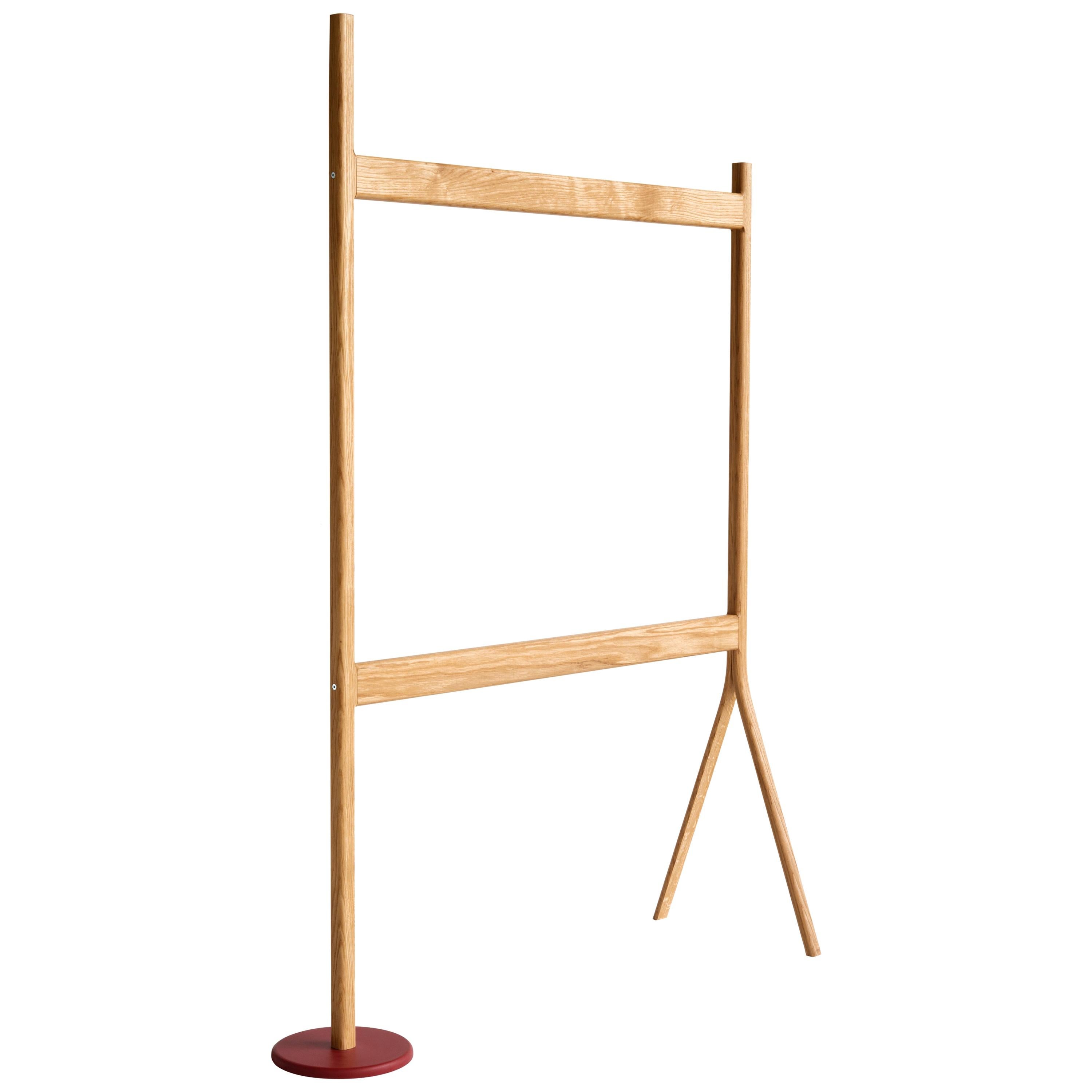 Telo Screen, Natural Oak Frame and Red Lacquered Base, Minimalist Modern Design For Sale