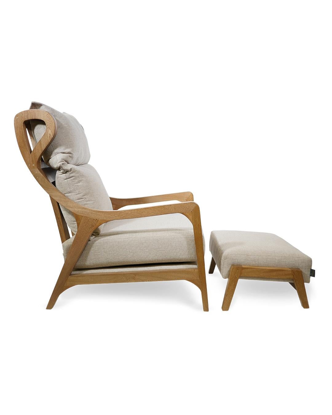 A modern armchair ideal for just relaxing, reading or taking a nap. 
The woodwork is beautiful and it will look awesome in your living room or bedroom. Please note that this armchair is really high, it has been designed to fit not so tall people