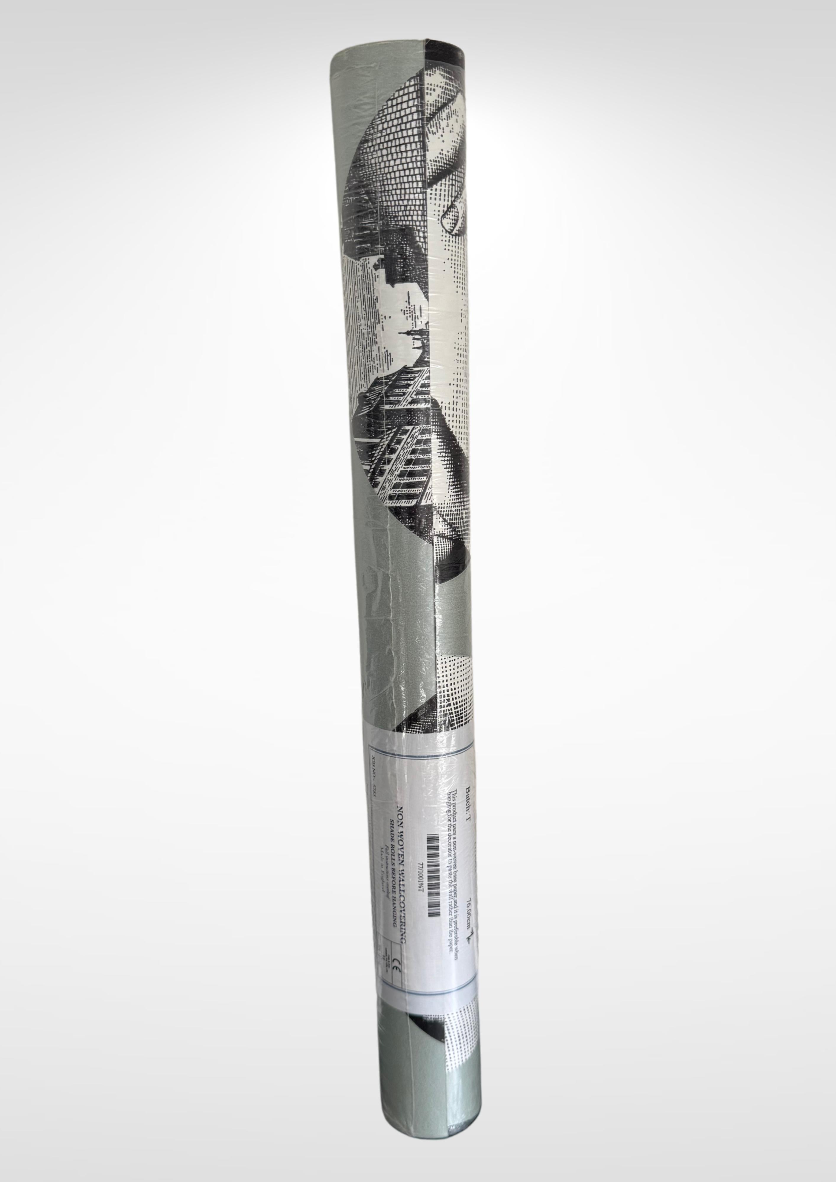 Un rouleau de papier peint Piero Fornasetti Tema e Variazioni (Thèmes et Variations) non ouvert de la face de Lina Cavalleri par Cole & Son London.  vers le début des années 2000.
Acheté vers 2010 et jamais ouvert.
Représentant les nombreuses