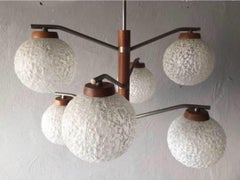 Temde 6 Armed Crinkly Ball Glass Ceiling Lamp, Teak Chandelier, 1960s Germany