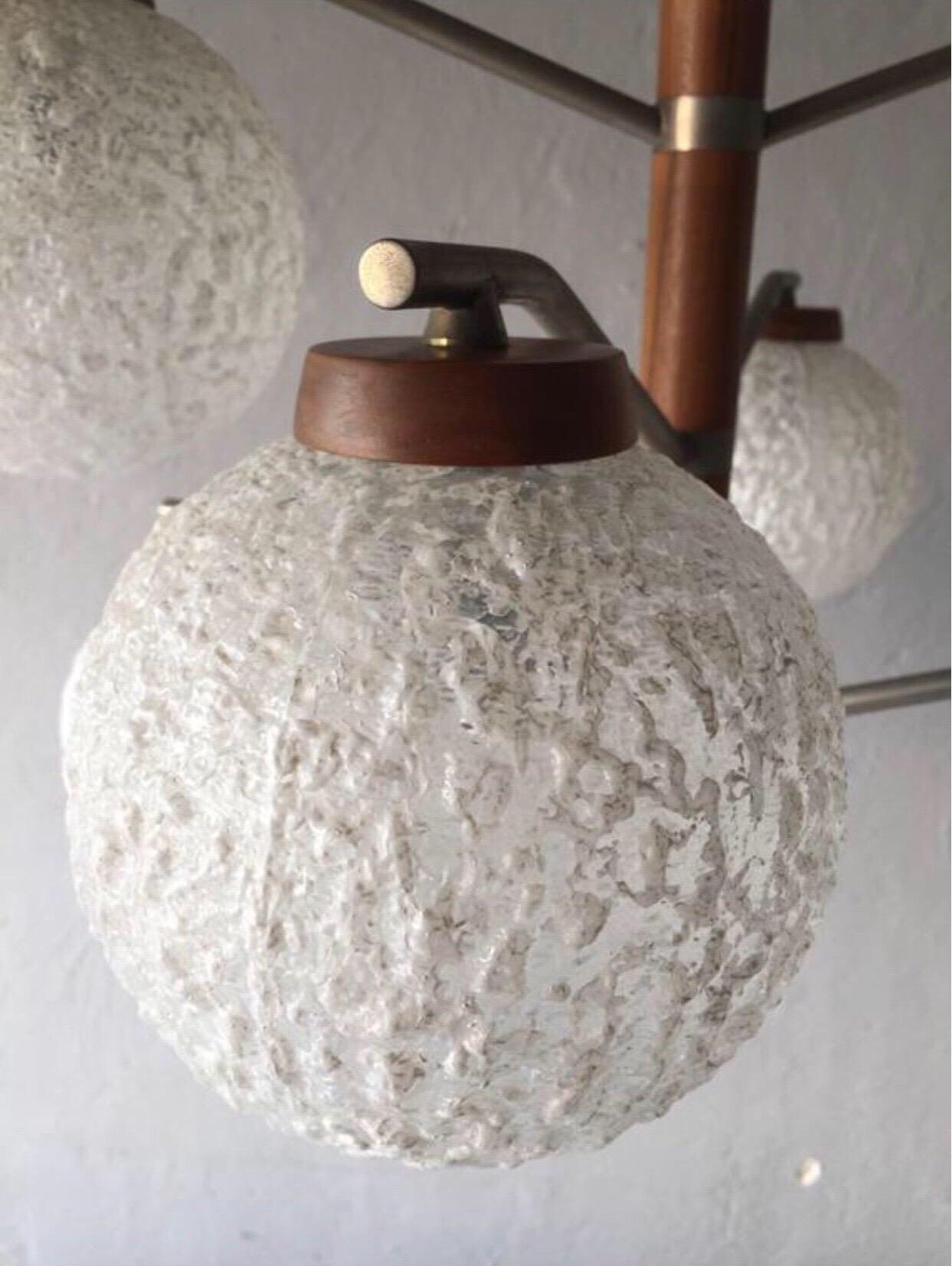 Mid-20th Century Temde 6 Armed Crinkly Ball Glass Ceiling Lamp, Teak Chandelier, 1960s Germany For Sale