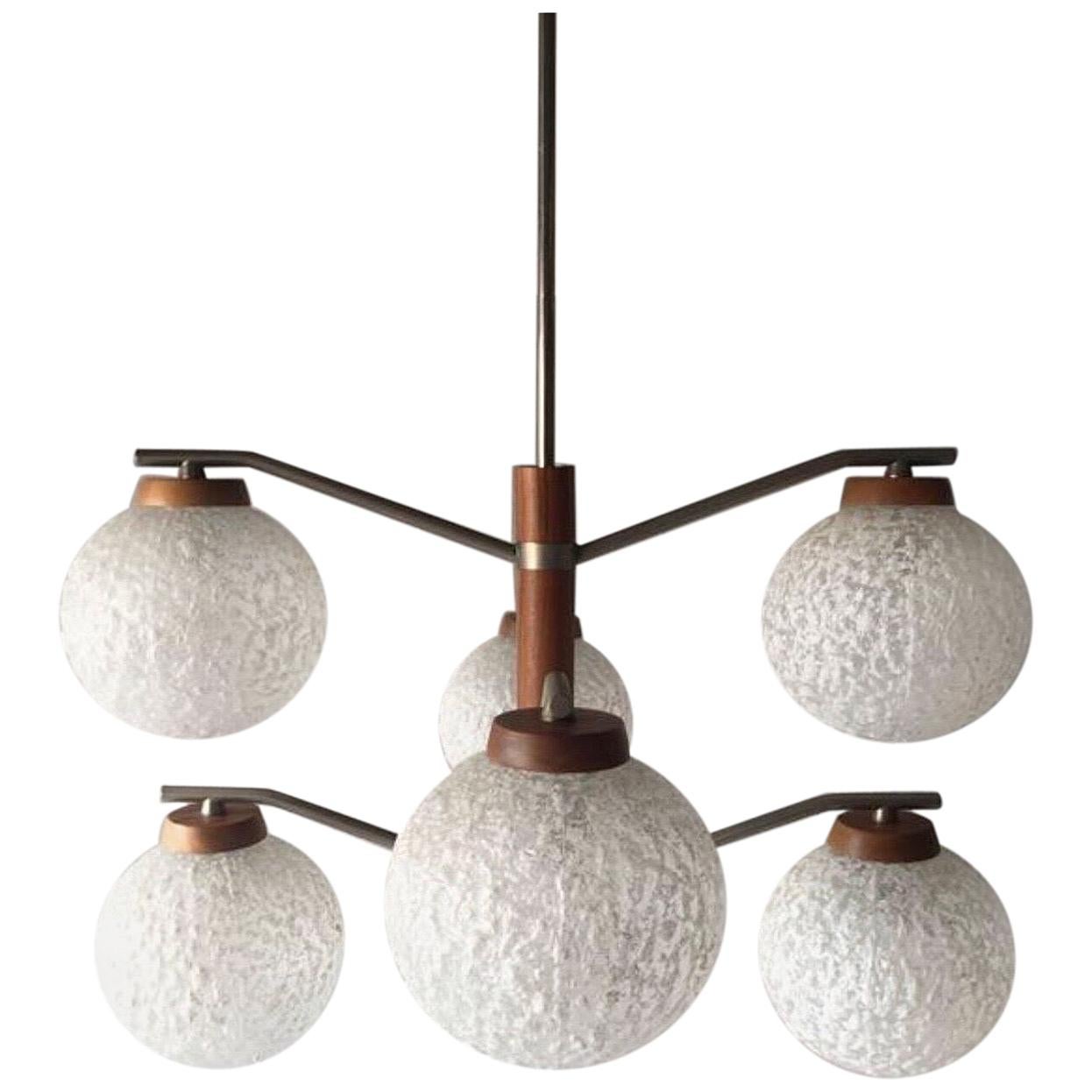 Temde 6 Armed Crinkly Ball Glass Ceiling Lamp, Teak Chandelier, 1960s Germany For Sale
