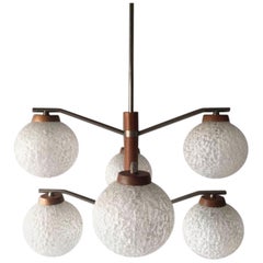 Temde 6 Armed Crinkly Ball Glass Ceiling Lamp, Teak Chandelier, 1960s Germany