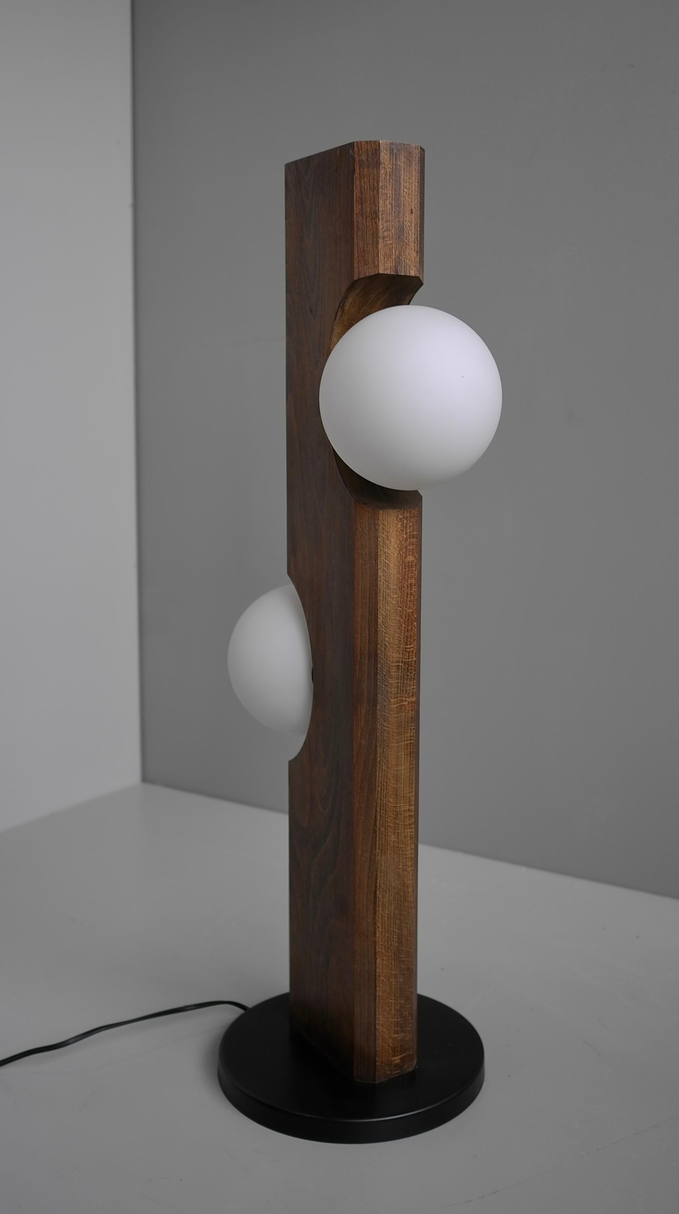 Mid-Century Modern Temde Leuchten Floor or Table Lamp in Wood with White Glass Balls, Germany 1969 For Sale
