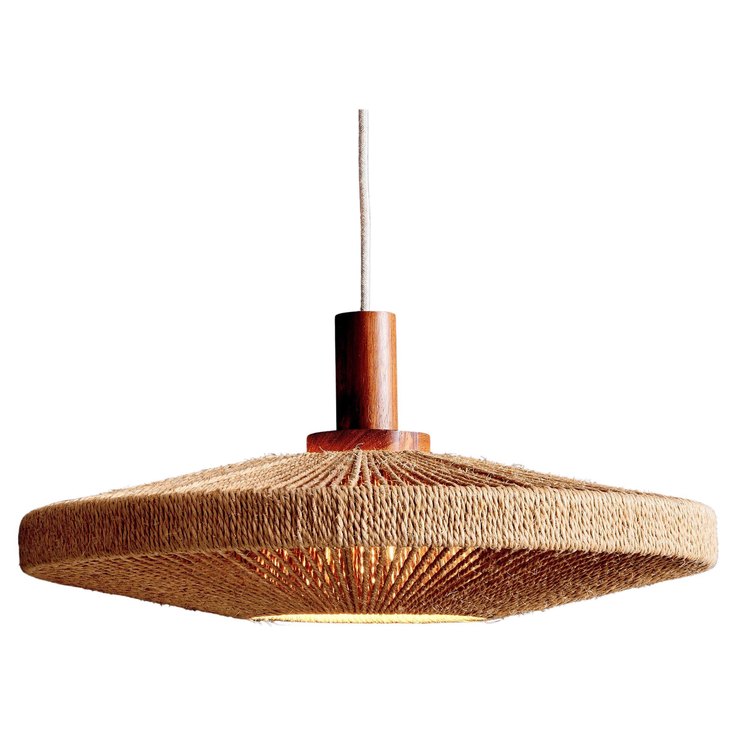 Temde Leuchten UFO Disc Pendant with Teakwood Centerpiece Germany 1970s For Sale