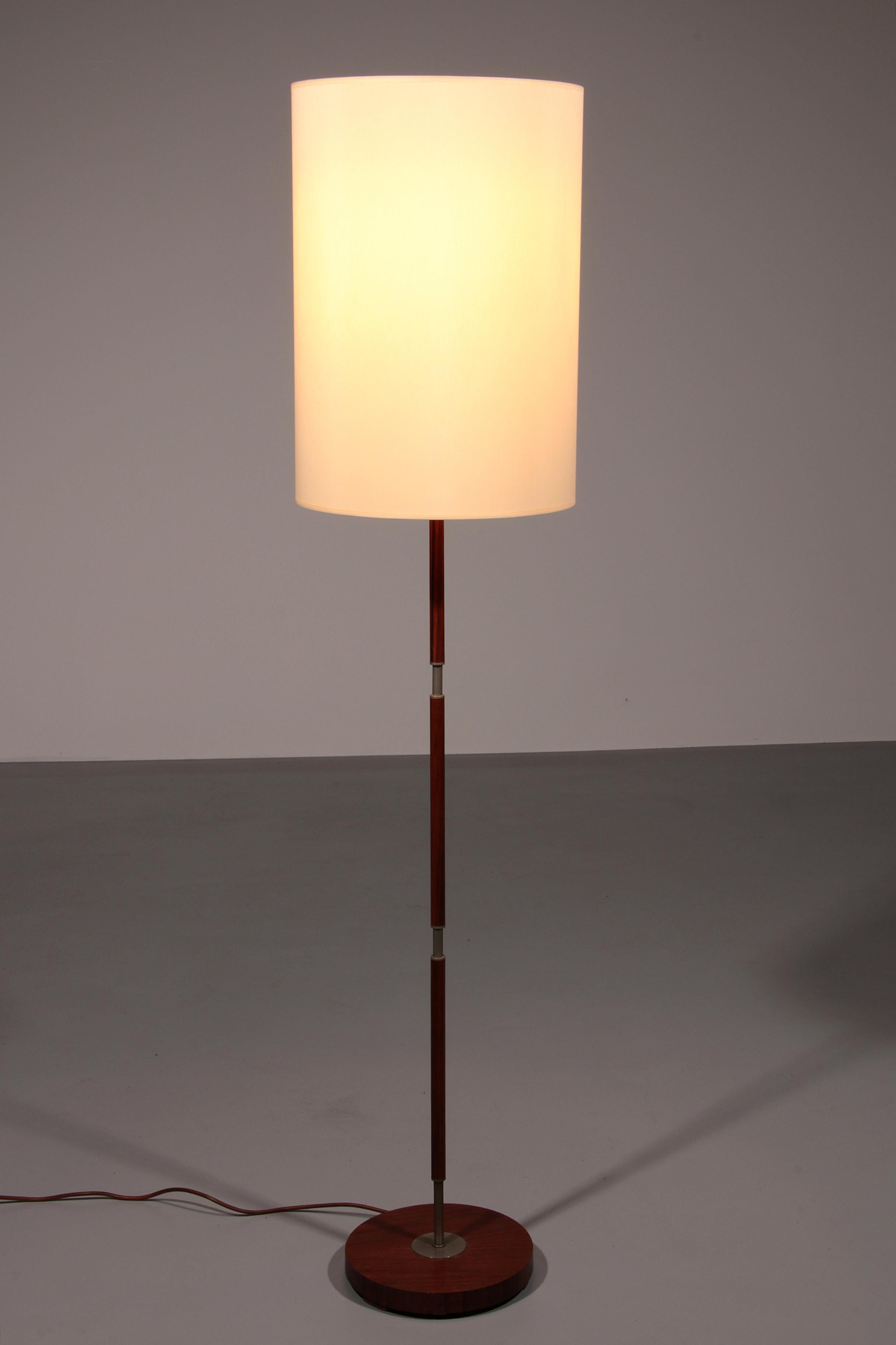 German Temde Teak & brass Floor Lamp with New Custom Shade – 1960s Elegance For Sale