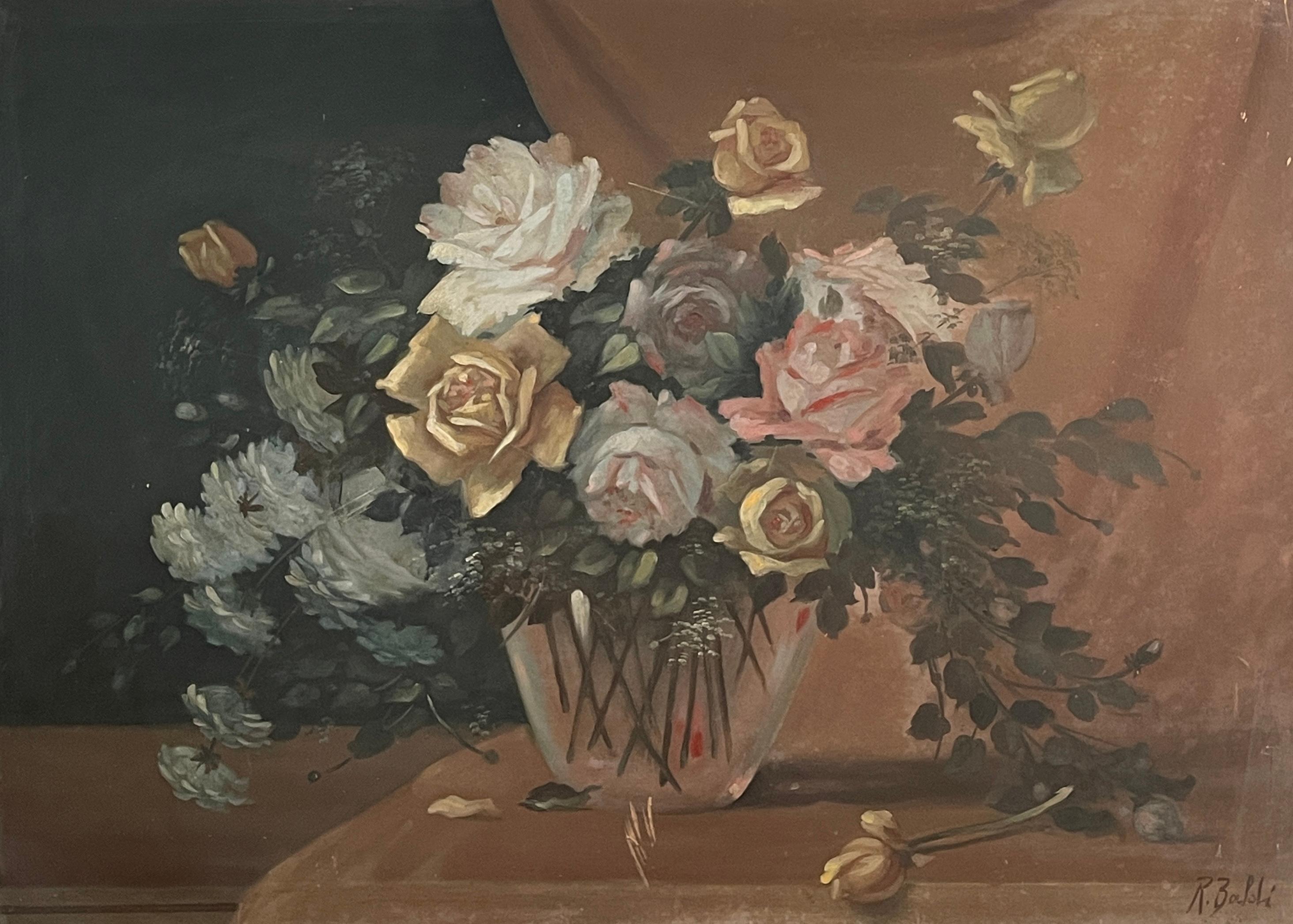 Tempera painting on wood, Vase of flowers, Raffaele Baldi
Painting in soft, delicate colours, embellished with a white lacquered frame. Work executed in the 20th century, signed lower right, R. Baldi
Good condition as from picture
Dimensions