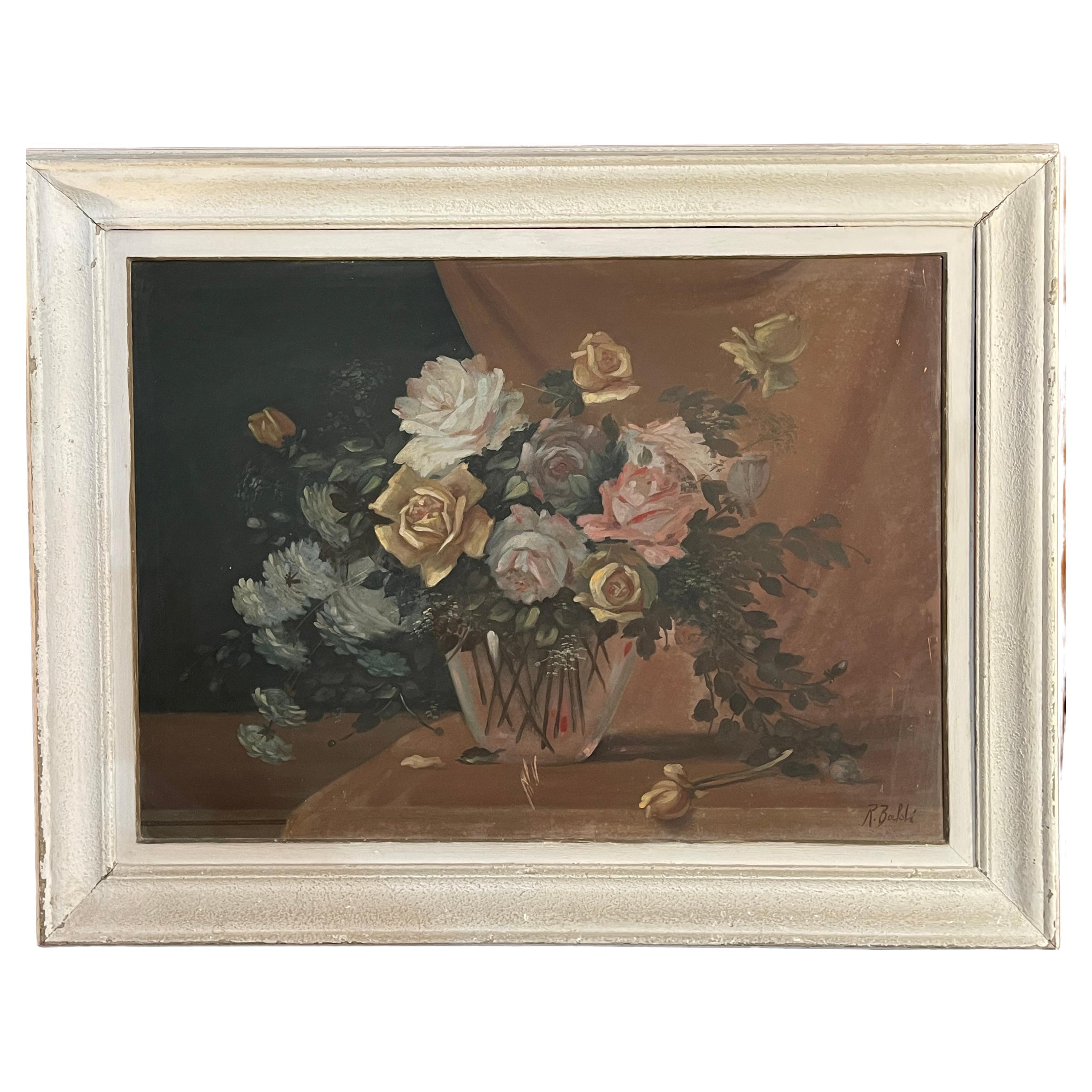 Tempera painting on wood, Vase of flowers, Raffaele Baldi For Sale