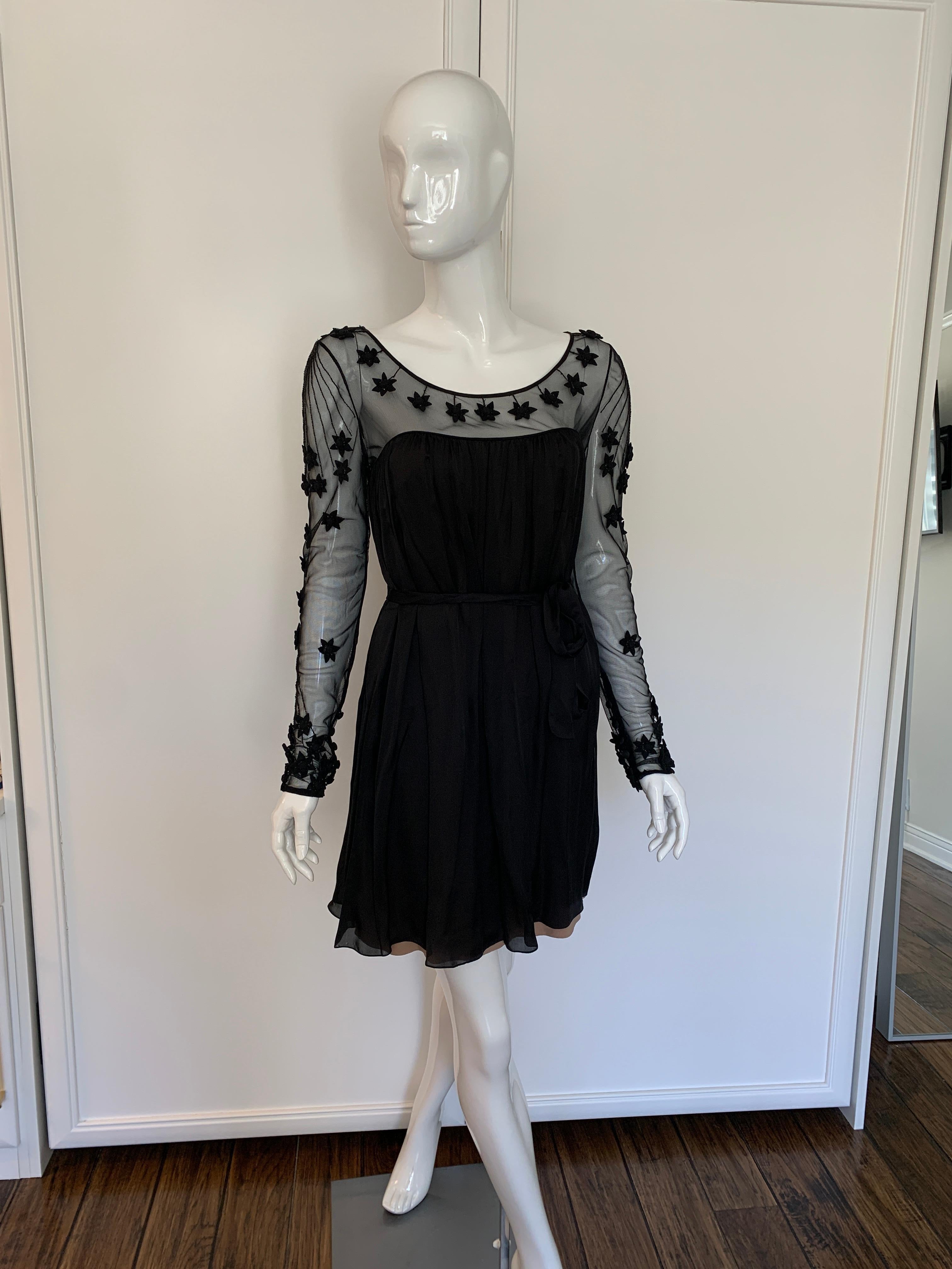 Temperley Black Flower Applique Silk Dress Small In Good Condition In Thousand Oaks, CA